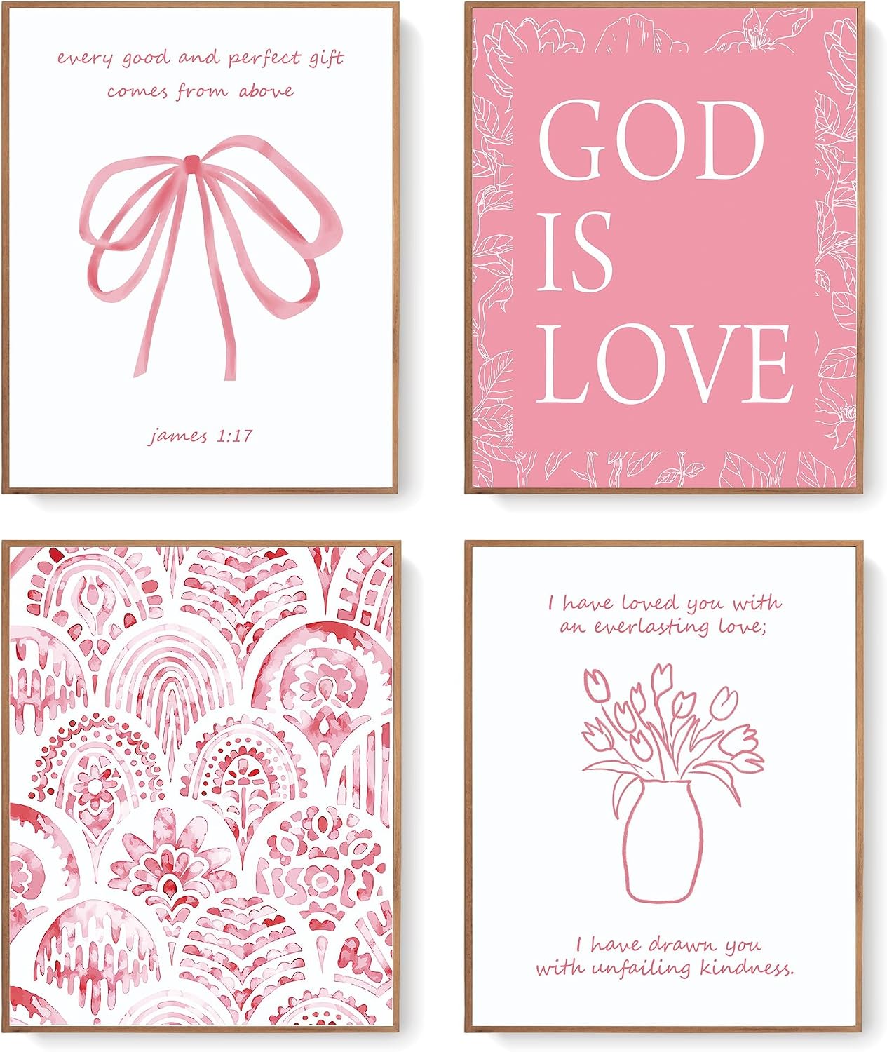 LARTSFRO Pink Bow Christian Wall Art Decor Posters Prints, Floral Scripture Inspirational Bible Verses Wall Decor Christian Gifts for Women, Bow Room Bedroom Bathroom Dorm Wall Art Decor Aesthetic for College Teen Girls Gifts, 10x8 Inch Set of 4 Pcs God is Love Pictures (UNFRAMED)