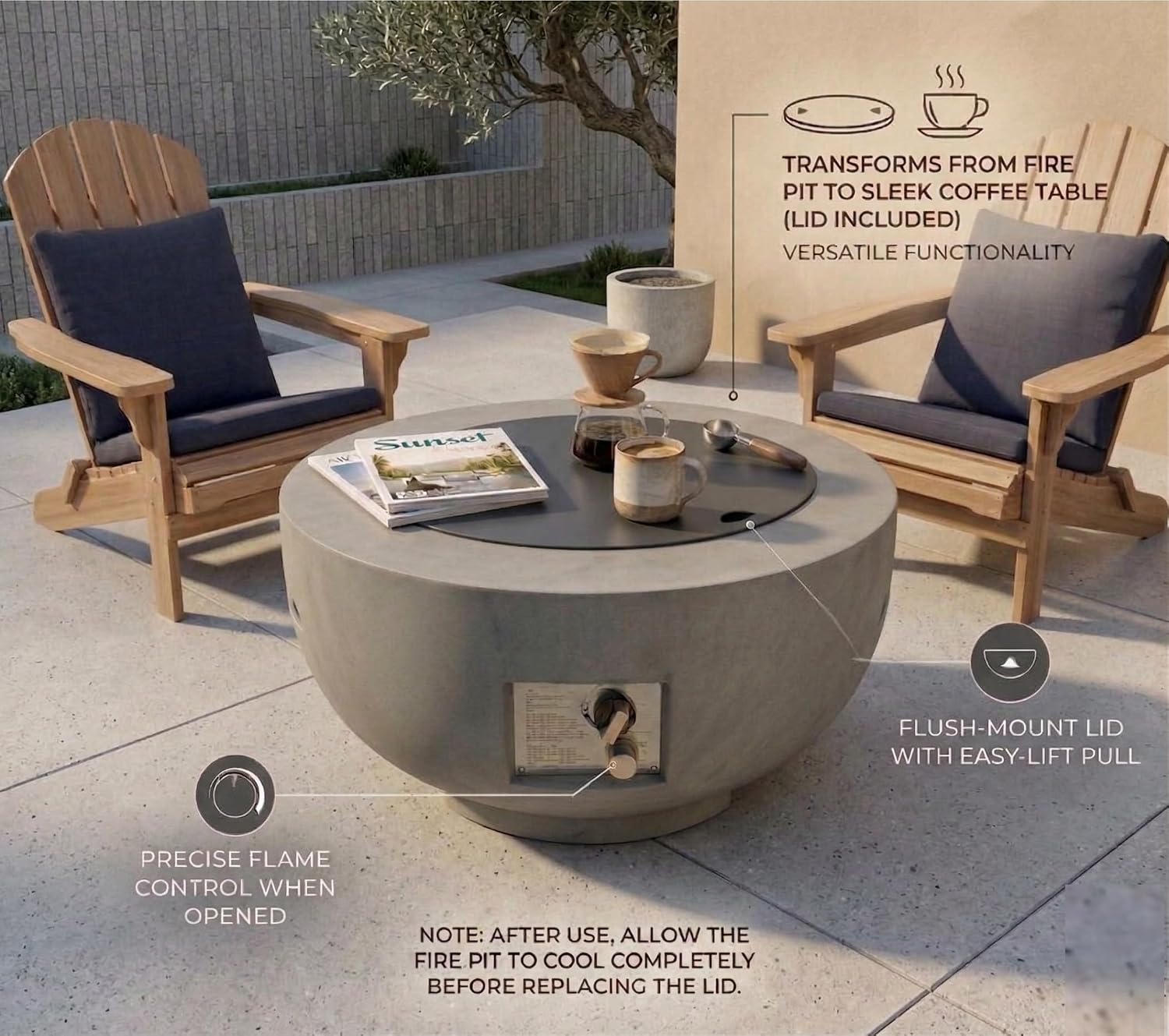 28 Inch Round Propane Fire Pit Table, 40,000 BTU Outdoor Gas Fire Pit Bowl with Lid, Lightweight Concrete Look Patio Fire Table with Lava Rocks & Waterproof Cover for Backyard Deck Garden