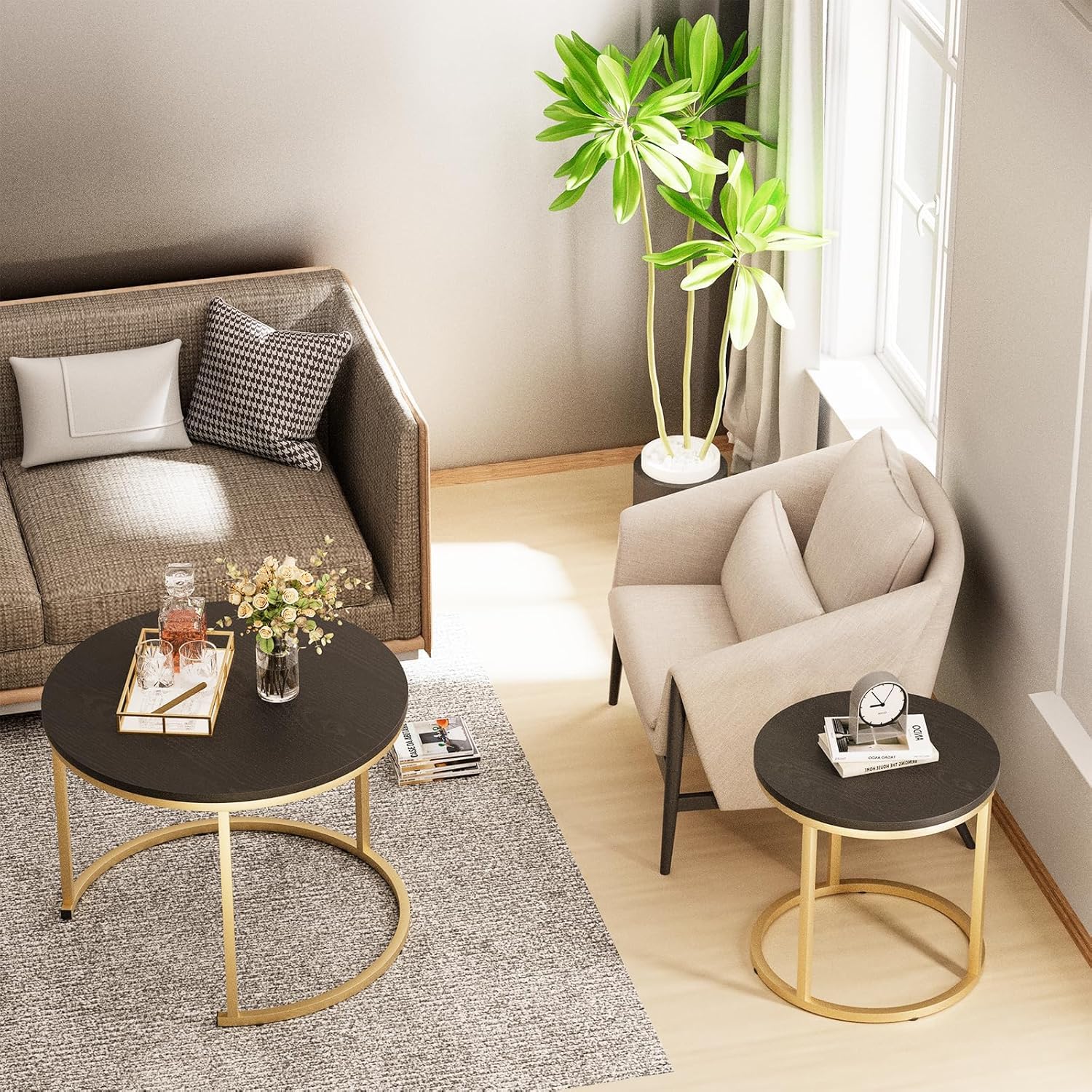 Huhote Lot de 2 tables basses rondes, tables d'appoint, tables gigognes, tables d'appoint avec cadre en métal pour salon, chambre, balcon, bureau, appartement, diamètre 60 cm (cadre doré, dessus noir)