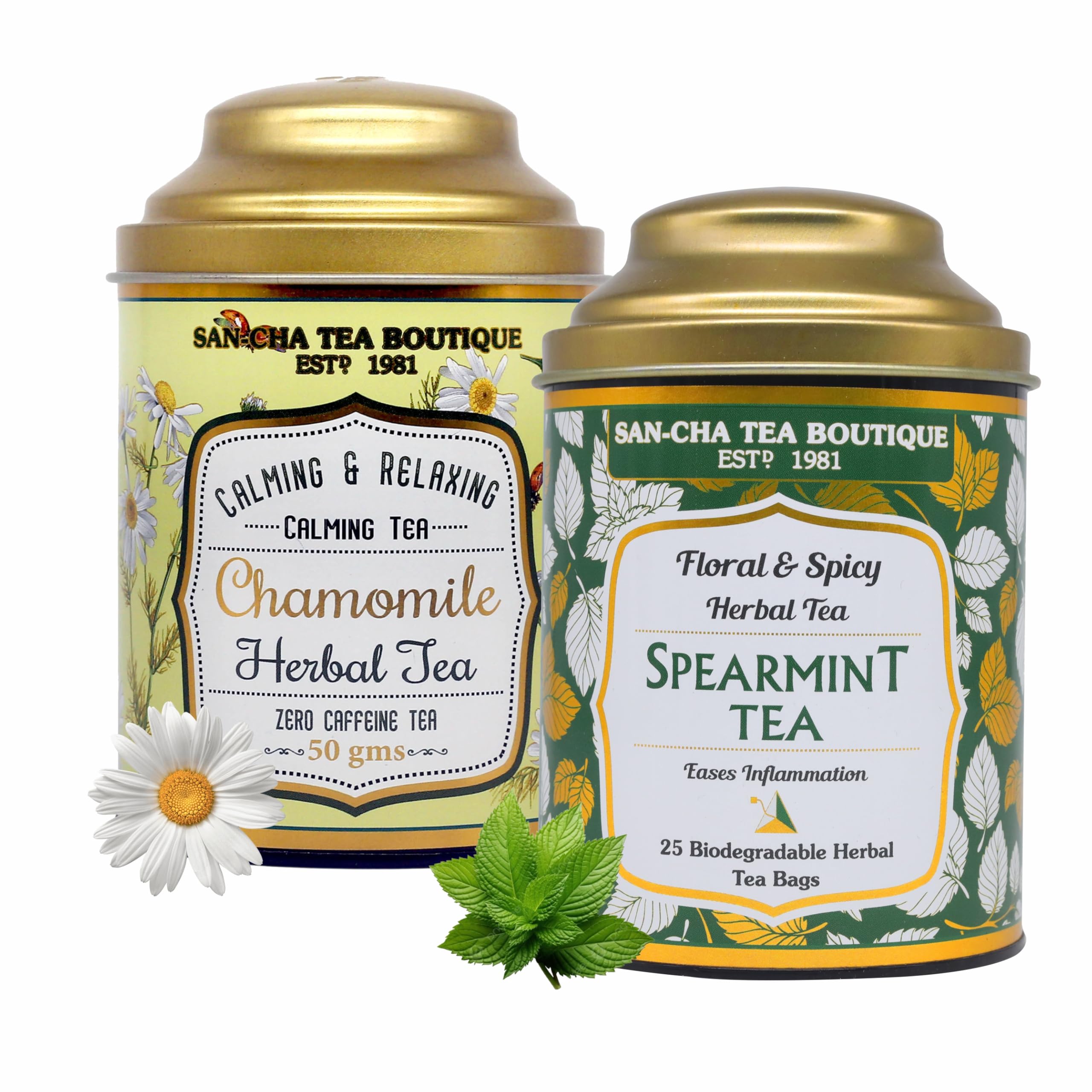 Sancha Tea Boutique, Combo Pack, Chamomile Herbal (50g Loose Flowers) & Spearmint Herbal (25 Pyramid Bags), Caffeine Free Floral & Mint Tisanes, Traditionally Valued for Calm & Refreshment