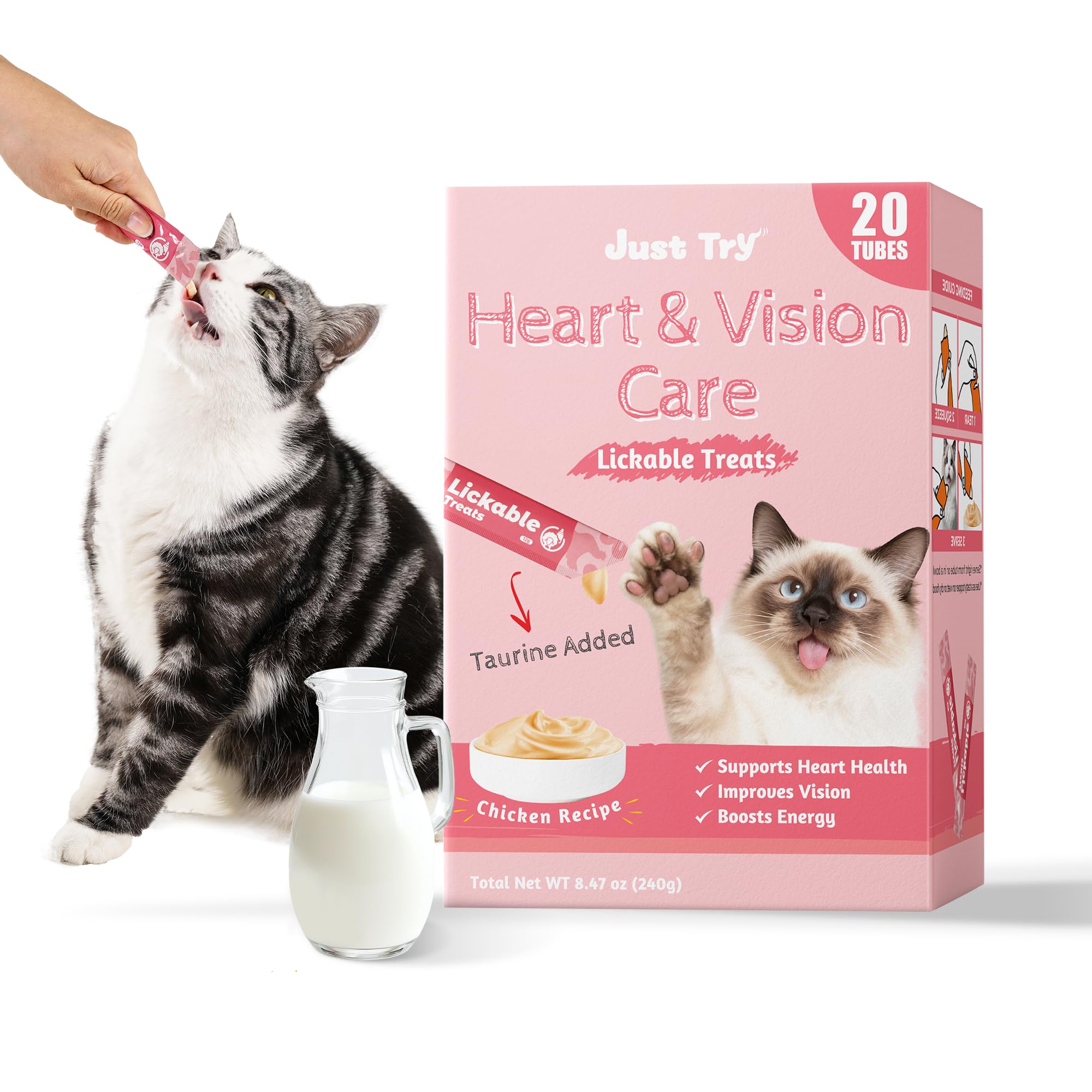 Just Try Taurine Lickable Cat Treats, Creamy Squeezable Purée with Goat Mlik, Taurine & Vitamin E, Support Heart & Vision, Grain Free, 0.5 Ounces Each