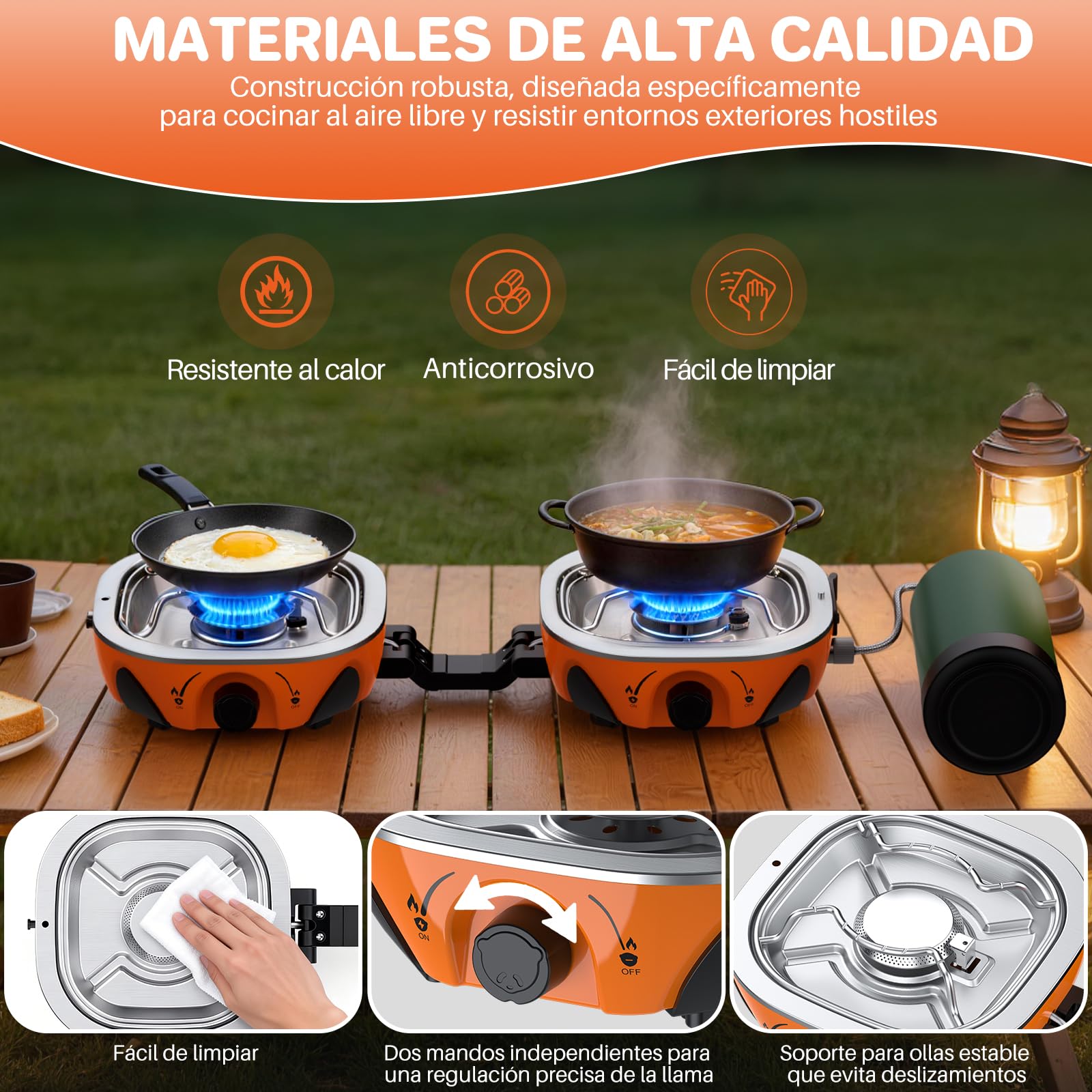 FUNYKICH Cocina de Camping Plegable de 2 Quemadores con Bolsa de Transporte, 2x 3kW Camping Gas Portátil con Manguera Reguladora, Construcción Robusta para Camping,Picnic,Jardín,Barbacoa