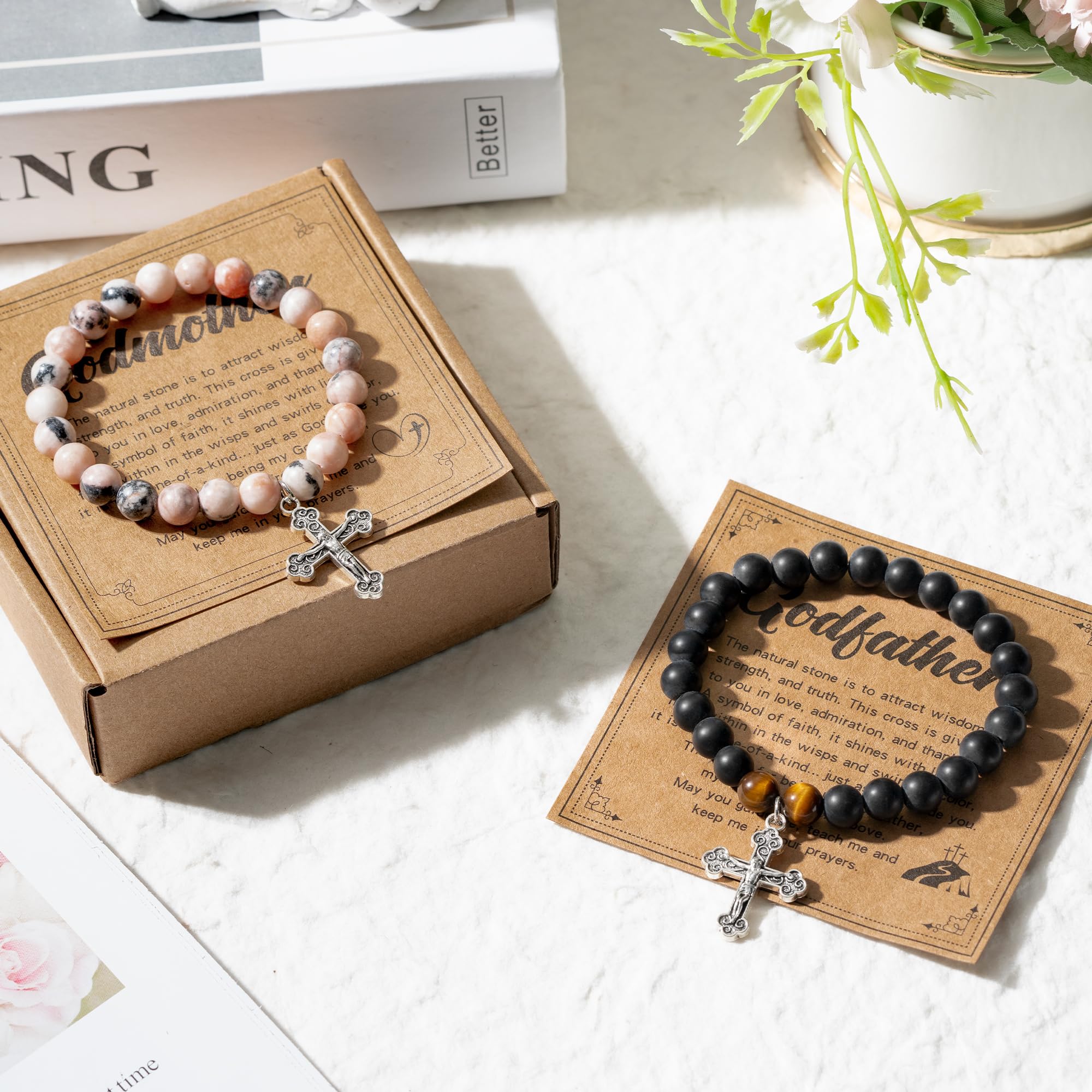 CJiangpo Natural Stone Cross Bracelet for Godparents, Christian Religious Cross Beaded Bracelets Godmother Godfather Proposal Gifts Catholic Jewelry for Christmas Baptism Gifts