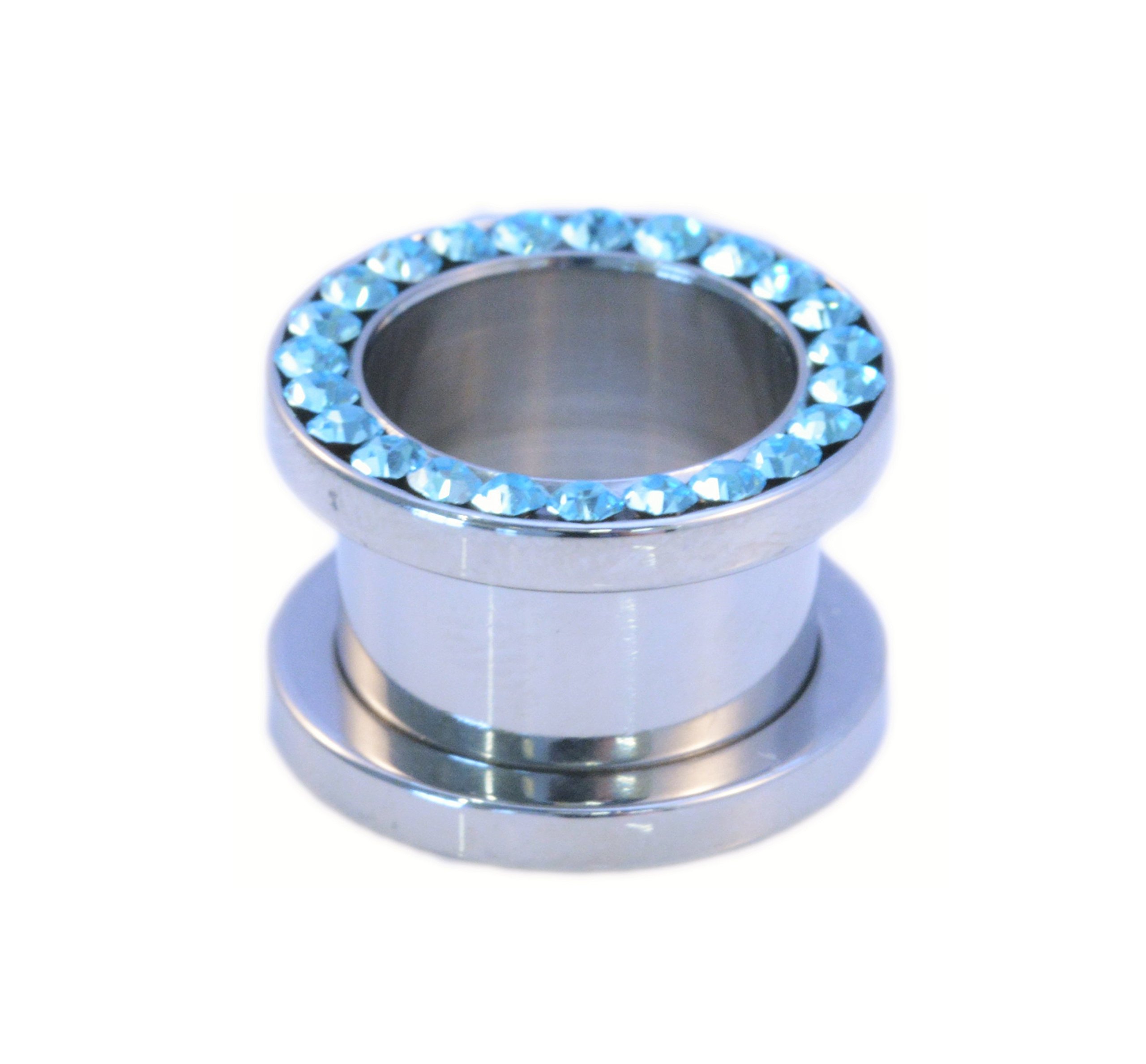 Vault 101 LimitedSurgical Steel Multi Crystal Rimmed Screw Fit Ear Stretcher Flesh Tunnel/Plug - Aqua GEMS