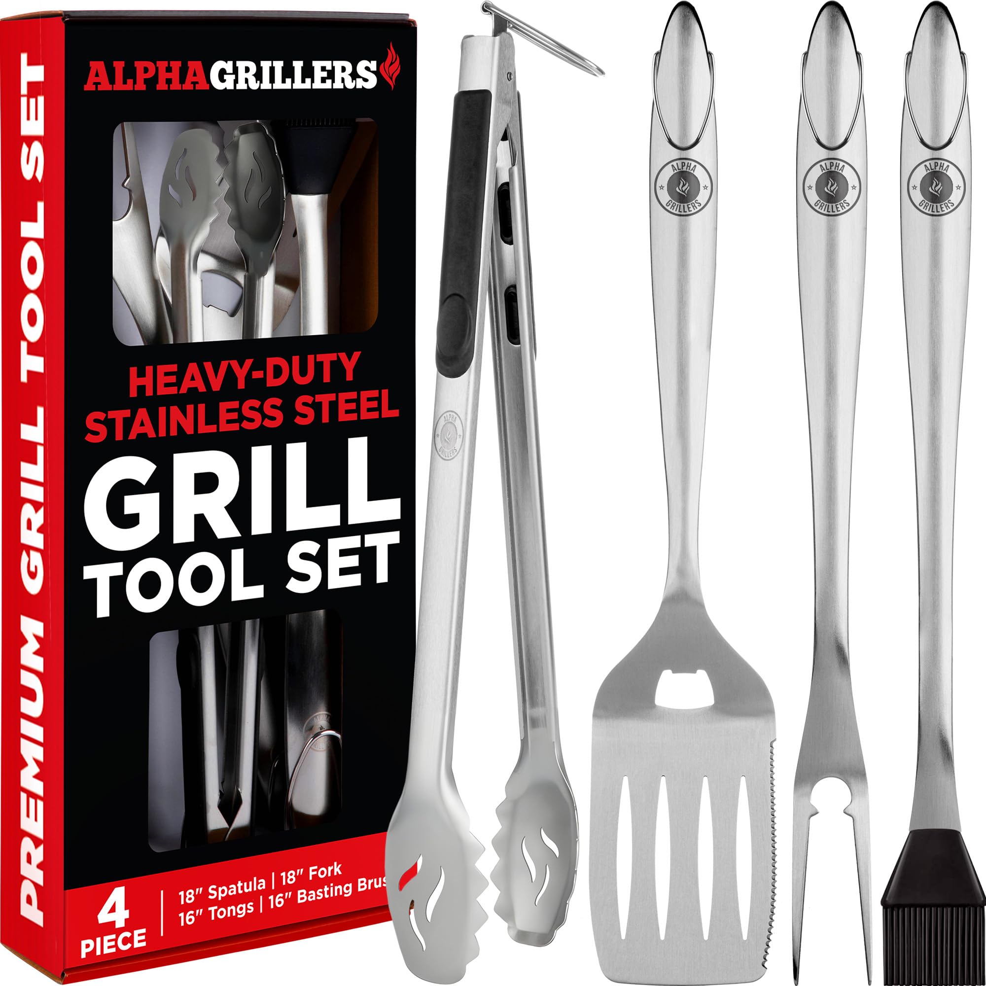 Alpha Griller Heavy Duty Barbecue Grill Tool Set Extra Thick Stainless Steel Spatula, Fork, Roasting Brush & Tongs, Gift Box Packaging, Perfect for BBQ & Grilling 18" Utensil Turner Accessories