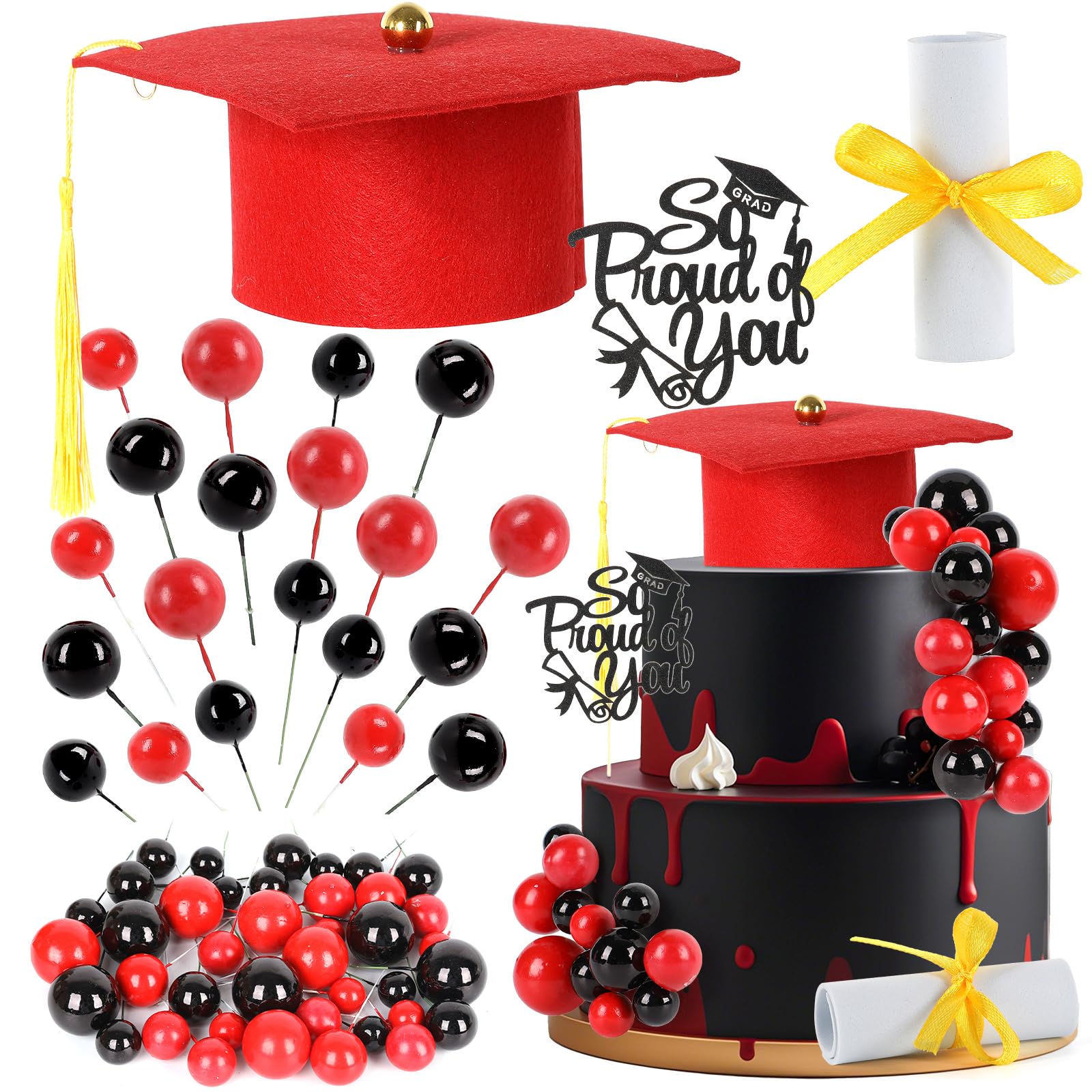 Photo 1 of 43Pcs Graduation Cake Kit Included Felt Grad Cap with Tassel Red Black Balls Graduations Party Supplies So Proud of You Cupcake Topper for Congrats Senior High School College Parties Decor(Red)