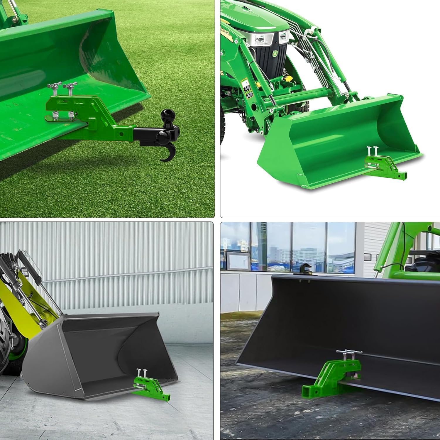 Green Bucket Trailer Hitch Attachment,2025 New Upgraded Clamp on Tractor Bucket Hitch 2" Receiver, Non-Slip Trailer Adapter Mount for Kubota Deere Bobcat