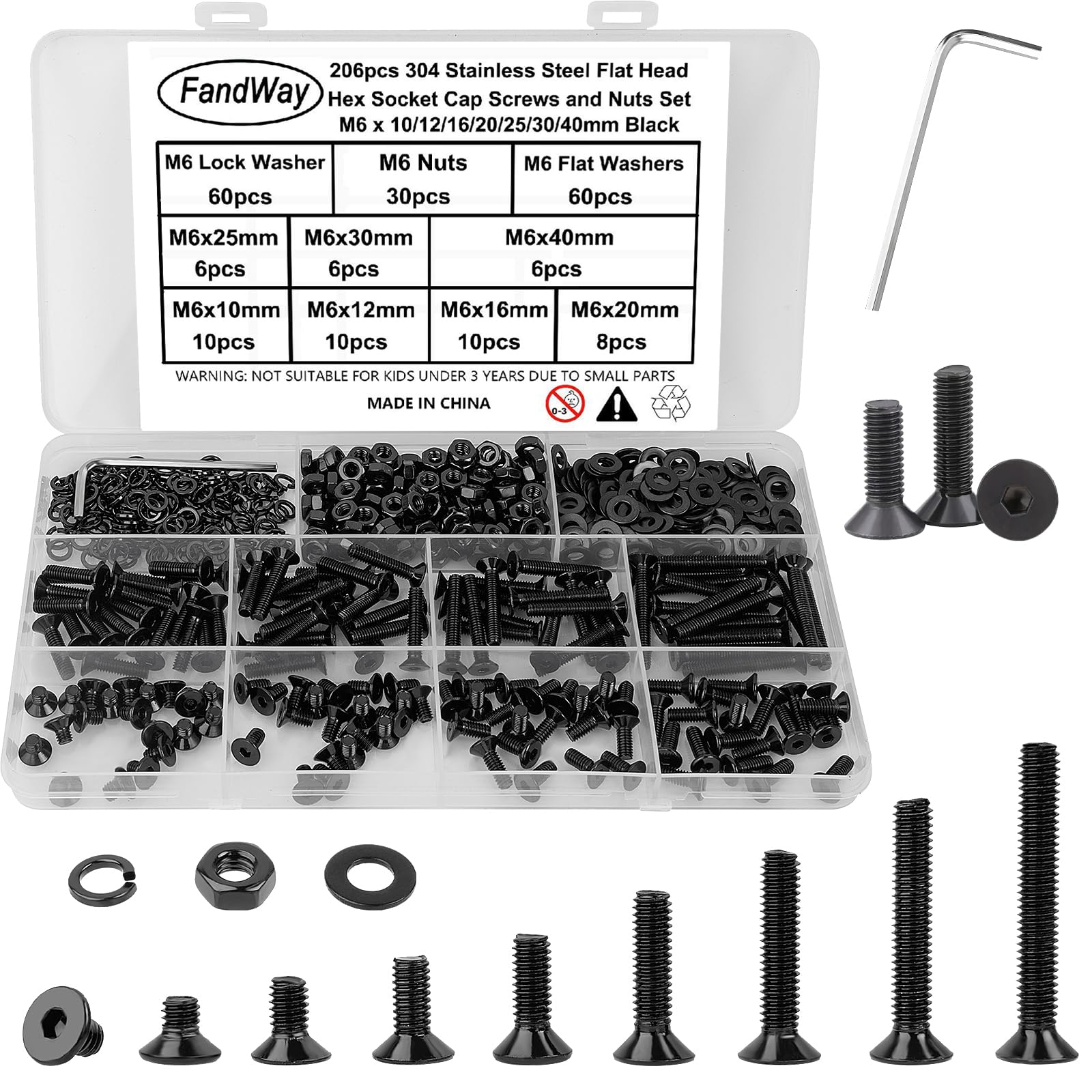 FandWay 206Pcs M6 Bolts and Nuts Set,Countersunk Head Machine Screws Black,Allen Screws 304 Stainless Steel,Flat Head Hex Socket Screw Bolt Nut Flat & Lock Washers Assortment,Fully Threaded With Key.
