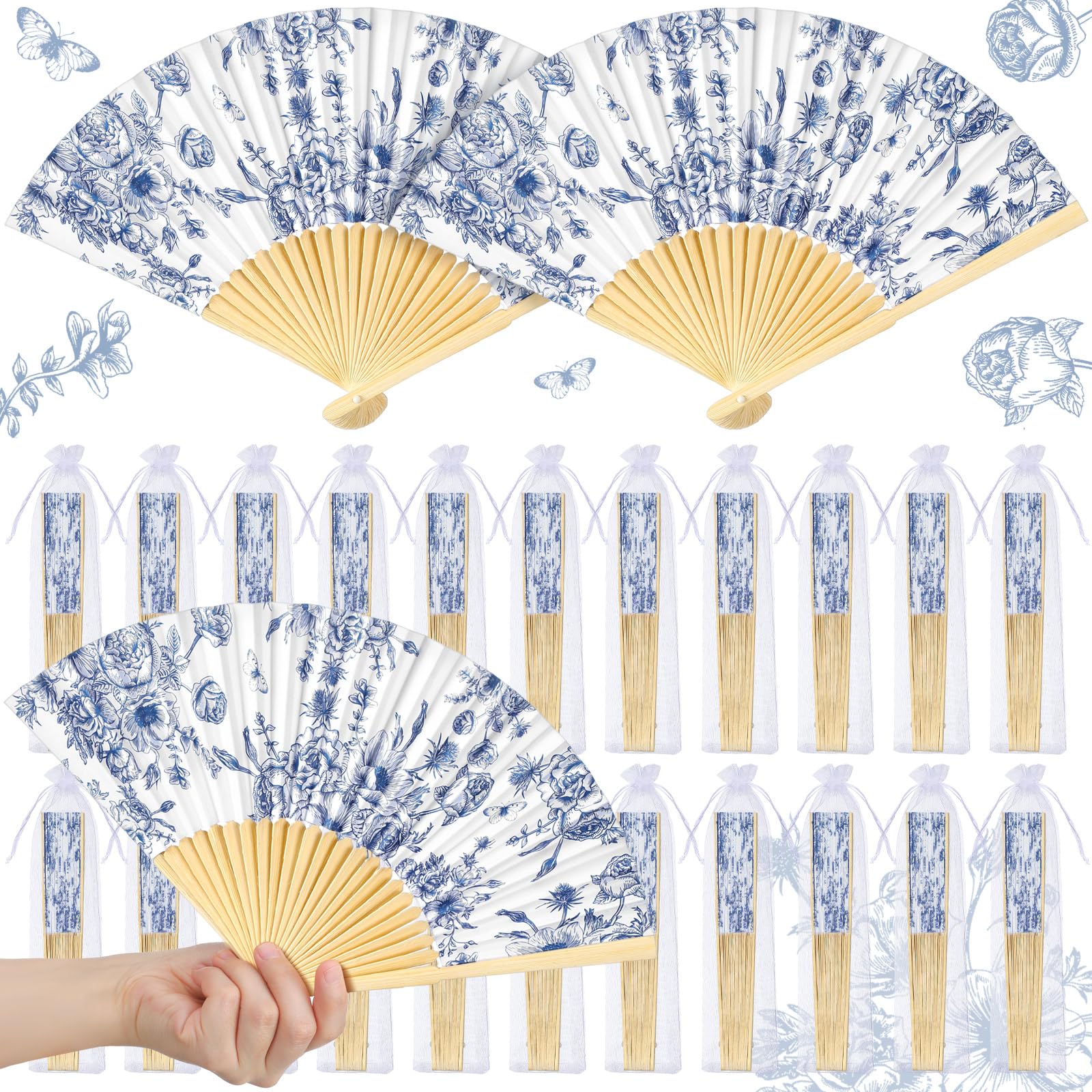 Vercraft 25 Sets Blue Floral Hand Folding Fans with Organza Bags Bulk Blue Flower Wedding Favors for Guests Vintage Foldable Paper Fans for Bridal Shower Wedding Bridesmaid Thank You Gift Decorations
