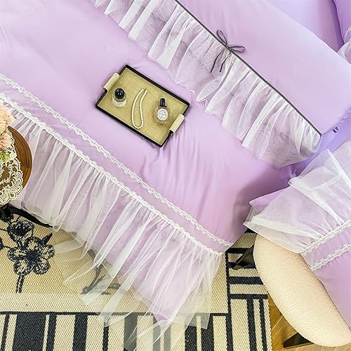 Miniatura 9 de Juego de funda de edredón de encaje con volantes, funda de edredón con lazo, ropa de cama de princesa para niños, 100% poliéster, juego de funda de