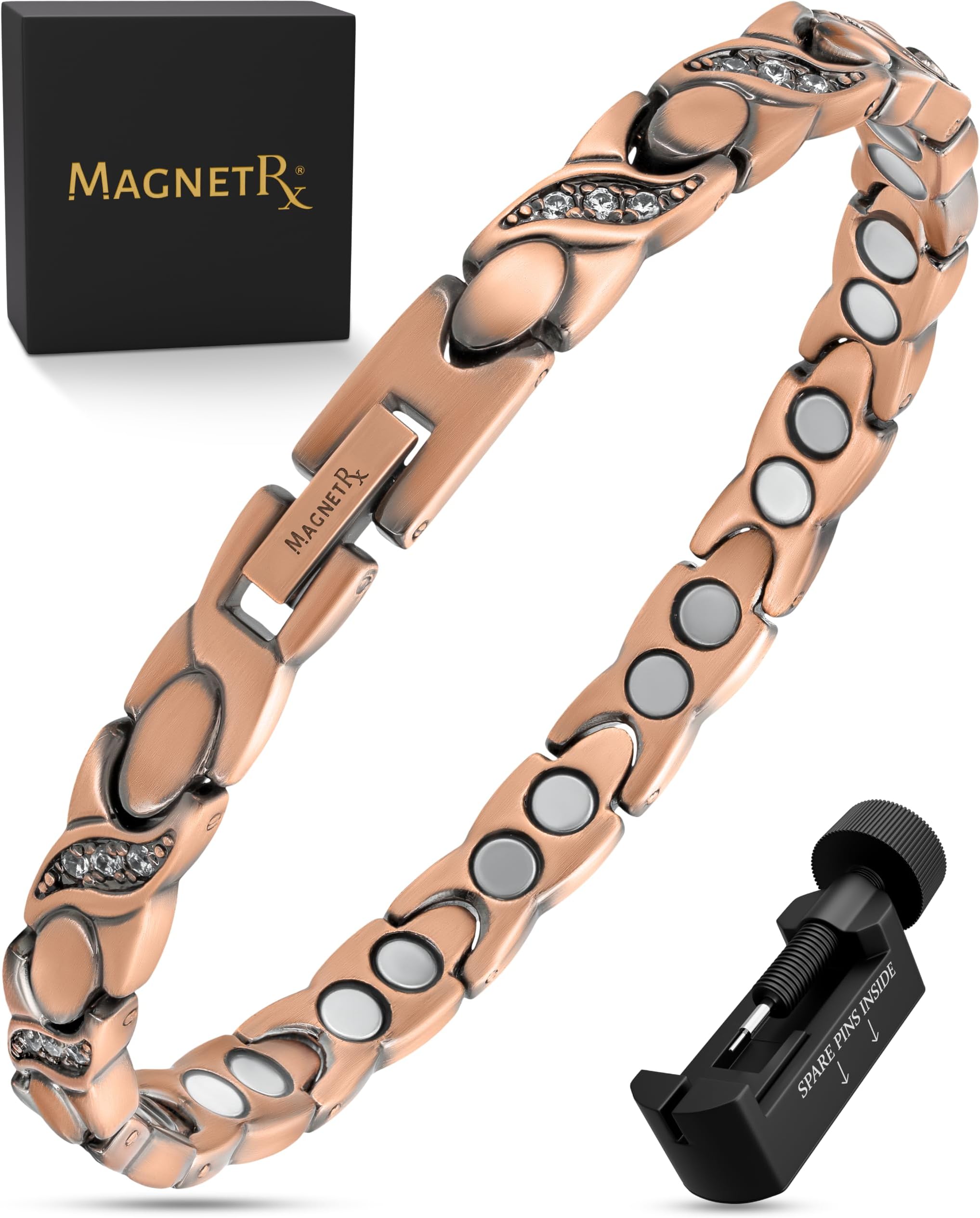 Copper Bracelets for Women – Ultra Strength Magnetic Crystal Bracelet for Women – Adjustable Copper Bracelet with Crystals with Included Sizing Tool (Crystal XO Style)