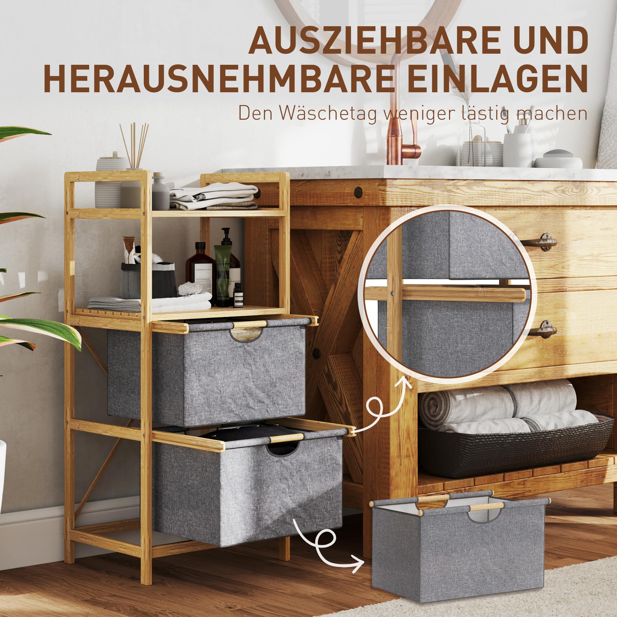 HOMCOM Wäschekorb 35,4 L mit 2 Wäschekörben aus Stoff, mit Griff, Natur | Wäschesammler, Offene Ablagen, Wäschebox, für Badezimmer, Bambus