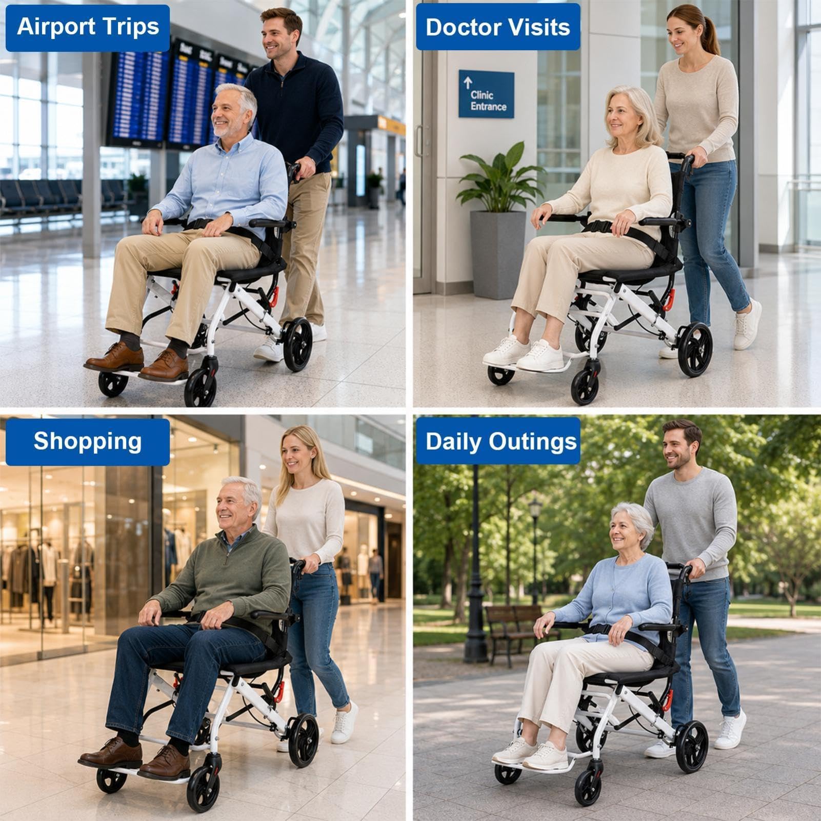 Silla de ruedas plegable ligera, ultraligera, plegable, ligera, con cinturón de seguridad ajustable, sillas de ruedas de transporte portátiles con reposabrazos plegables y reposapiés, capacidad de