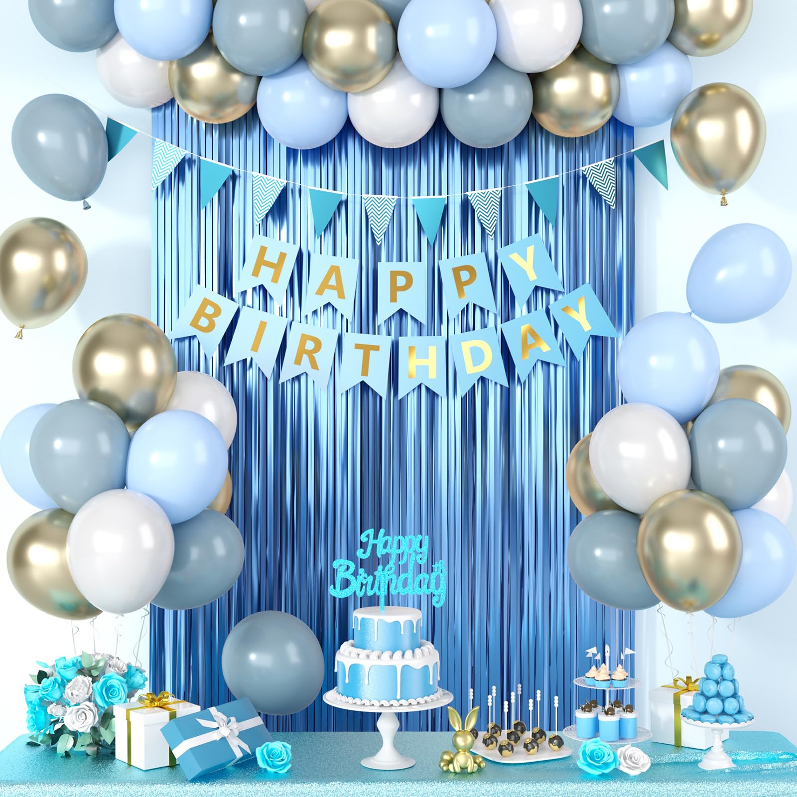 Blue Birthday Decorations, Dusty Blue Happy Birthday Party Decorations With Metallic Sand Gold Dusty Macaron Blue White Balloons Fringe Curtain Banner
