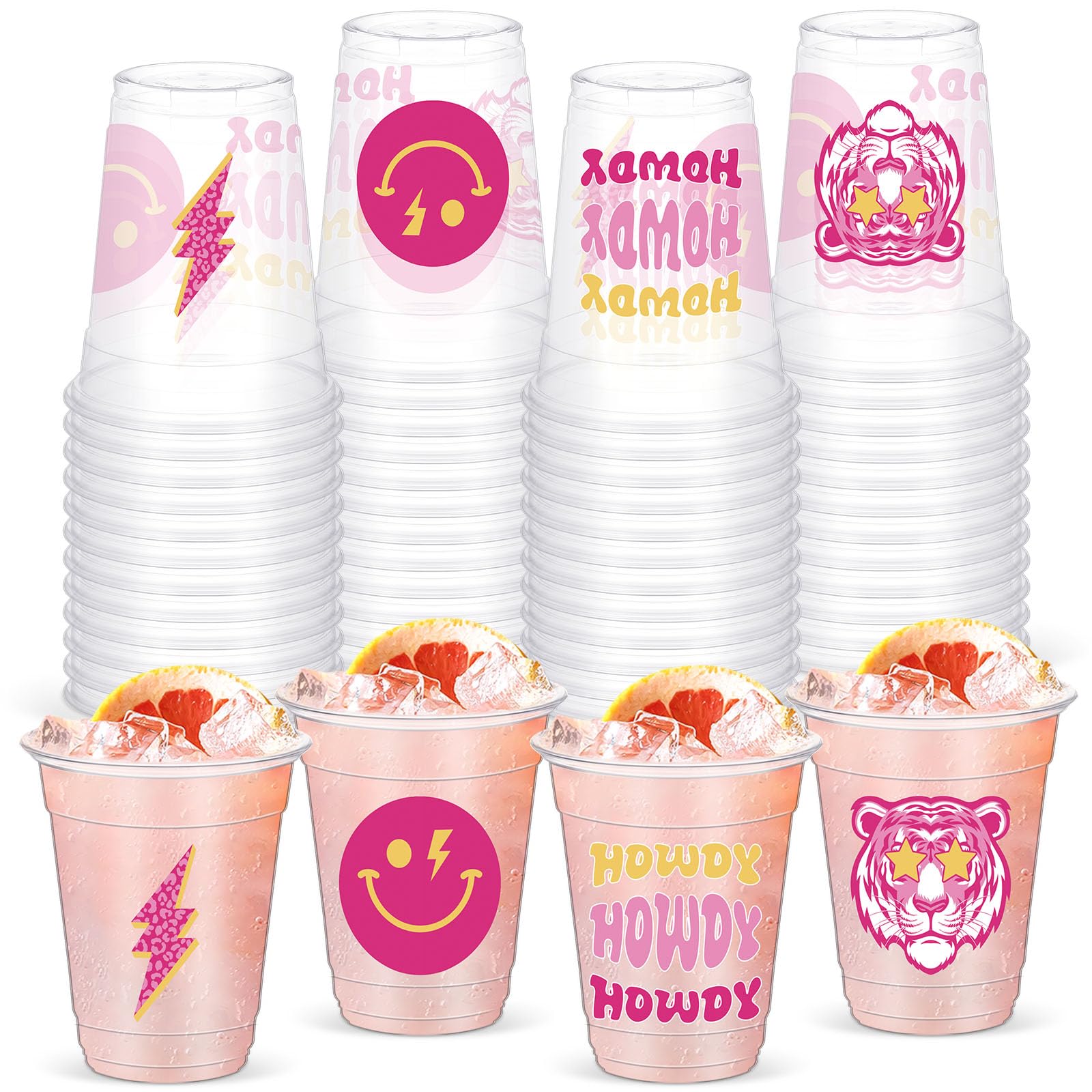 Yaomiao 50 Pieces Preppy Cups 12 oz Bulk Howdy Disposable Plastic Cups Smile Preppy Birthday Clear Drinking Beverage Cups for Teens Adults Birthday Bridal Shower Bachelorette Party Decoration Supplies