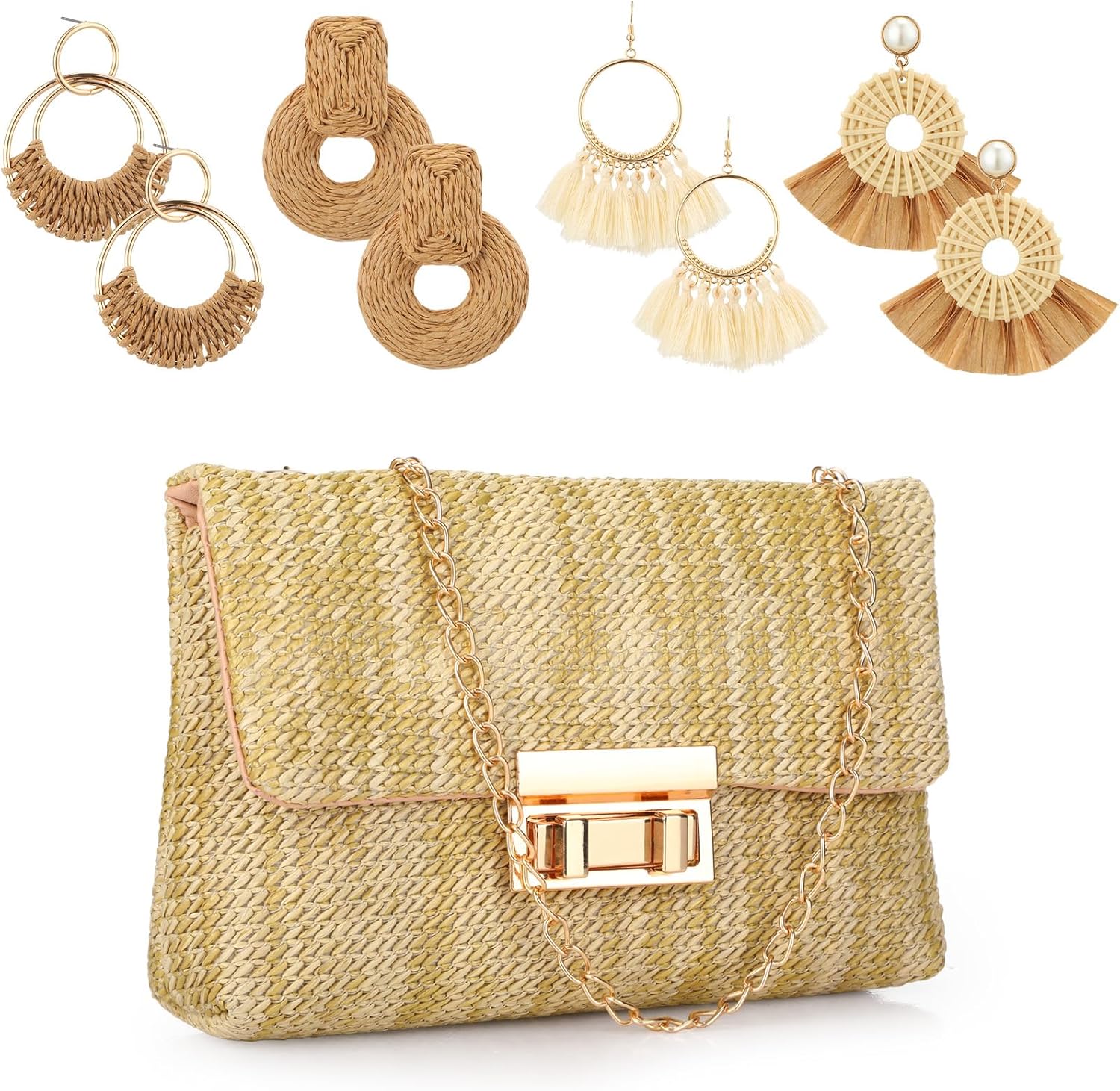 Dansydaisy 5 Pack Striped Straw Clutch Purse Crossbody Vacation Handbag Woven Rattan Dangle Earrings for Women(Colorful,Square Buckle)