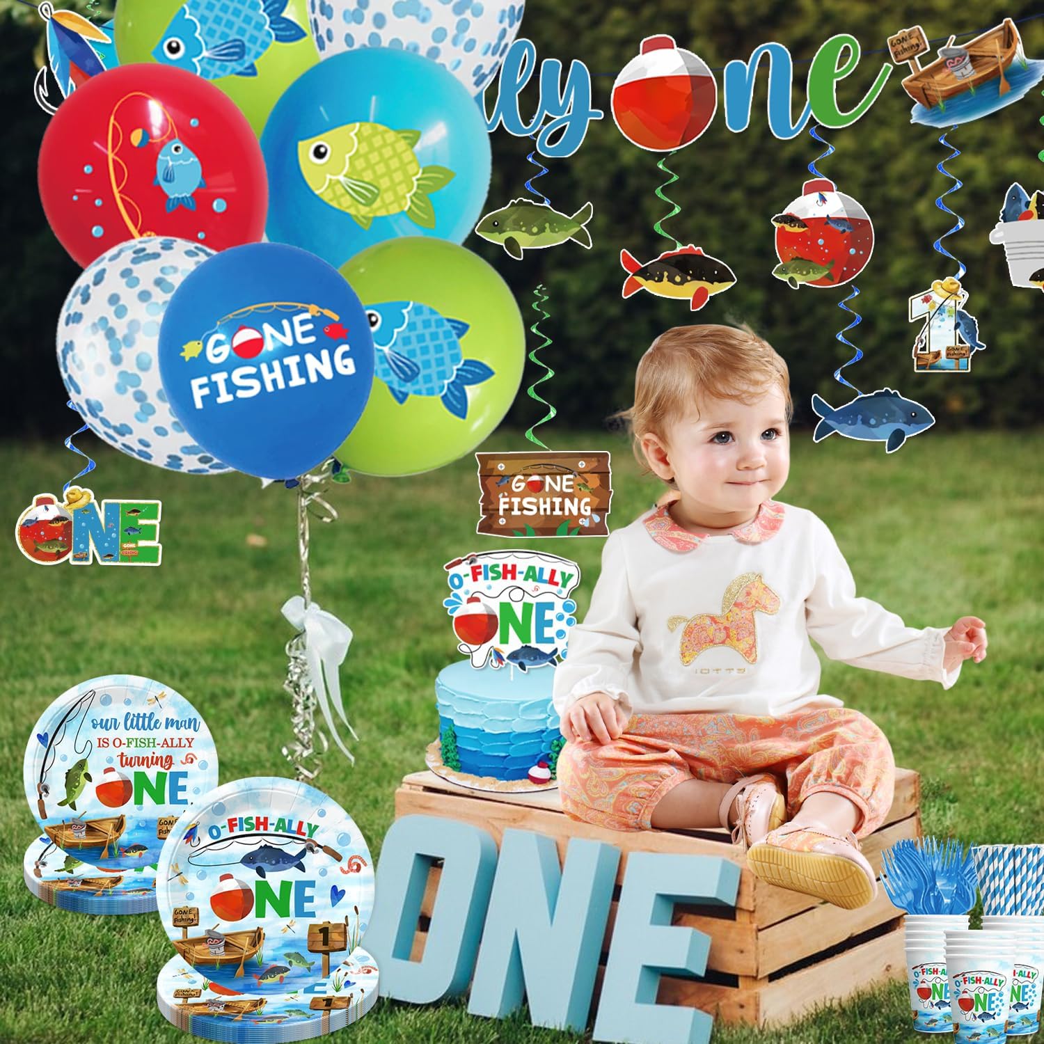 cocomigo 201pcs Ofishally One Birthday Decorations Tableware Set, O Fishally One First Birthday Decorations Plates Banner Cake Topper Ofishally One Balloons for Gone Fishing Party Decorations - Image 7