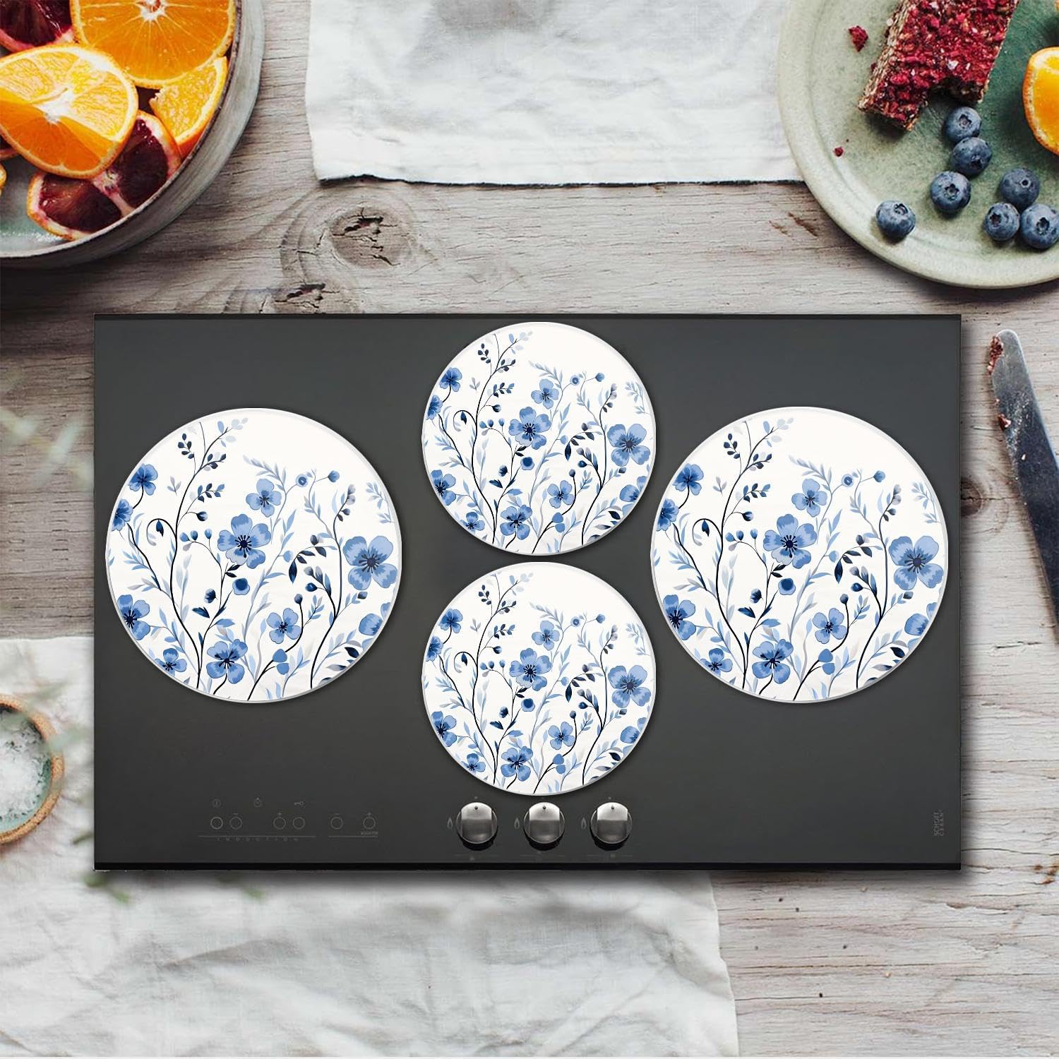 Gas Stove Burner Cover Set Of 4，Blue And White Celadon Watercolor Flower Metal Stove Burner Covers，Electric Stove Burner Covers,Protecting Gas Stoves,Kitchen Decor，8 Inches And 10 Inches