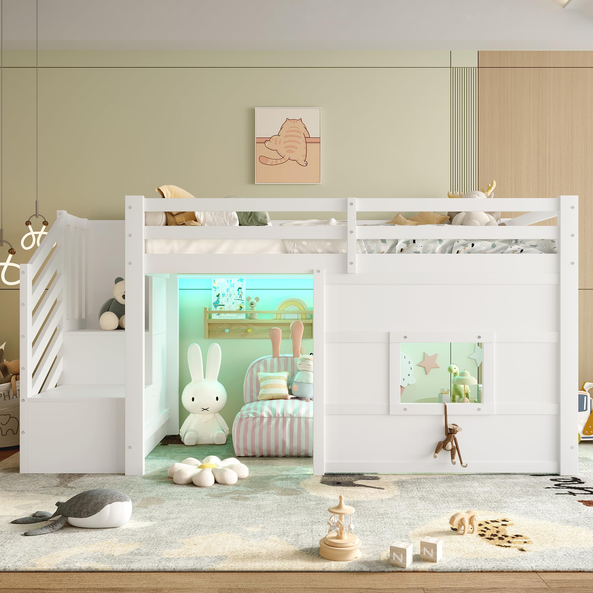 Sapgaks Lit Mezzanine Enfant 90x200 avec éclairage LED,lit mi Hauteur avec escalier de Rangement et fenêtre,Cadre de lit Enfant 90x200 (J-Blanc 90)