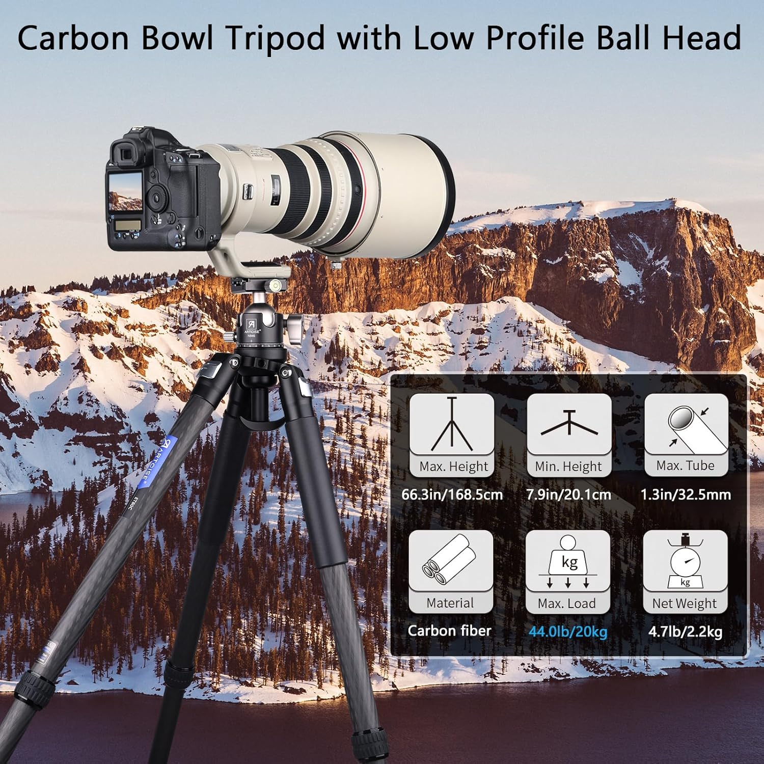 Lightweight Carbon Bowl Tripod +46mm Ball Low Profile Tripod Head Kit Fast Level Adjustable Carbon Fiber Travel Camera Tripod with Arca 360° Panoramic Tripod Head for DSLR/Camcoder Max Load 44Lb/20kg