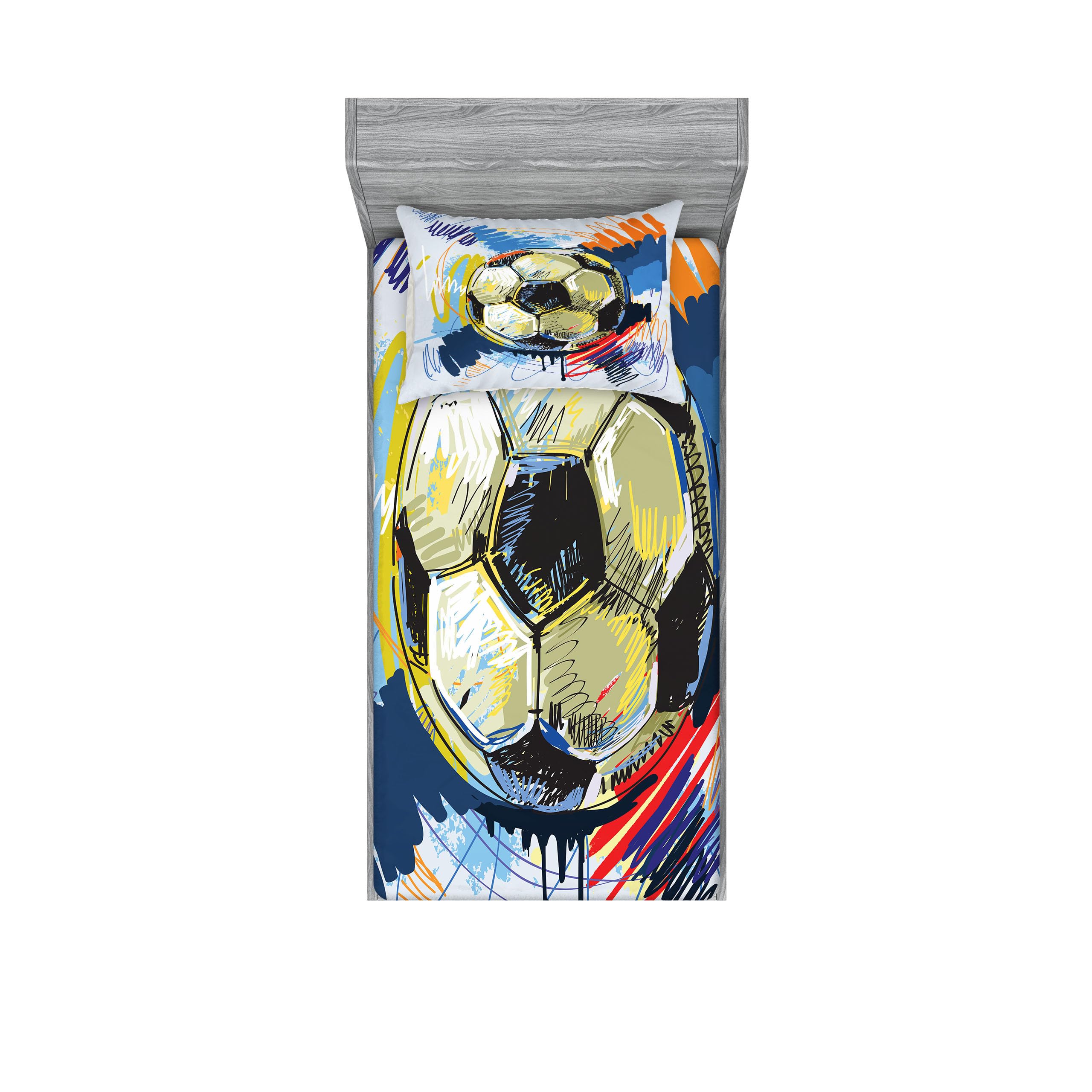 Ambesonne Soccer Fitted Sheet & Pillow Sham Set, Spherical Football Ball Illustration Colorful Distressed Details in Motion Art, Decorative Printed 2 Piece Bedding Decor Set, Twinxl, Grey Pink