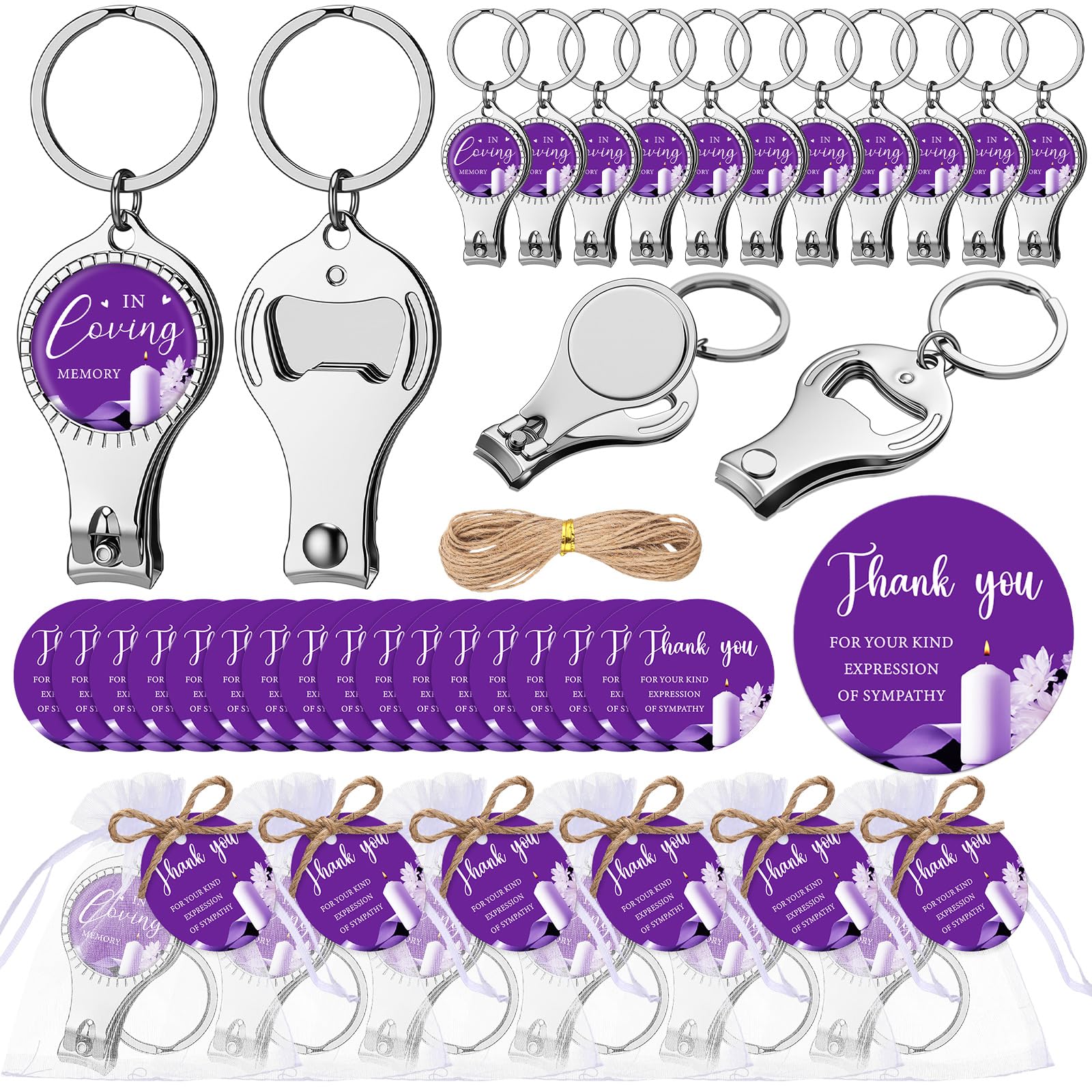 Cadeau funéraire violet pour invités, porte-clés et coupe-ongles de remerciement