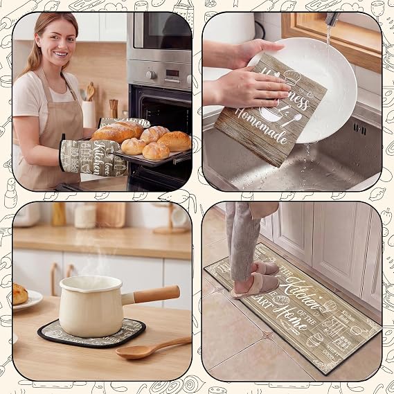 Brown Rustic Wood Kitchen Decor and Accessories Set 10 Piece, Farmhouse Baking Theme Kitchen Towels, Rugs, Oven Mitts and Pot Holders, Happiness is Homemade Decor Gift for Baker Mom Women