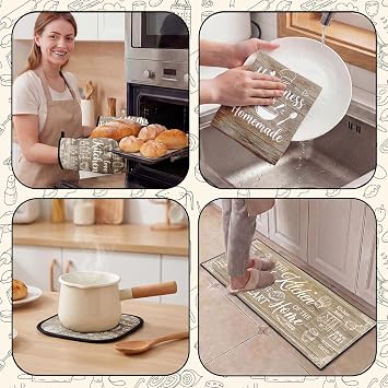 Brown Rustic Wood Kitchen Decor and Accessories Set 10 Piece, Farmhouse Baking Theme Kitchen Towels, Rugs, Oven Mitts and Pot Holders, Happiness is Homemade Decor Gift for Baker Mom Women