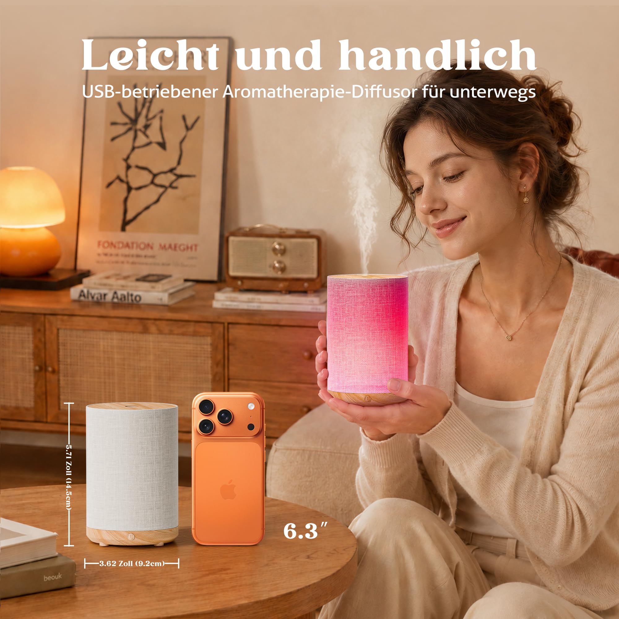 Mini Aroma Diffuser für Atherische Öle, Elektrisch Betrieben Diffusor mit Netzanschluss, Stoffbezug und Nachtlampe, 120ml Ultraschall-Luftbefeuchter mit 7-LED-Licht, für Schlafzimmer Yoga, Geschenk