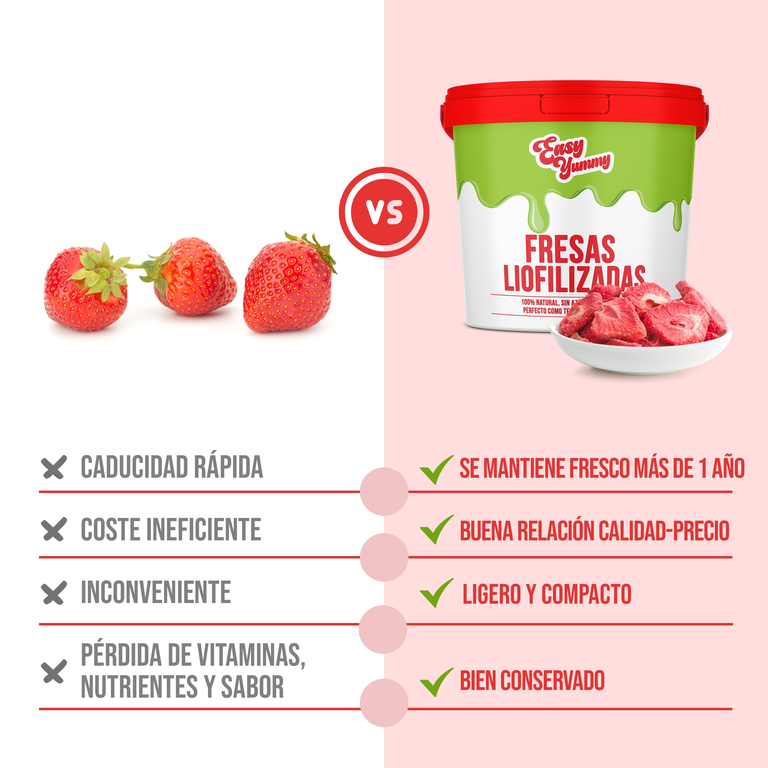 EASY YUMMY - Fresas liofilizadas (300 g), fresas deshidratadas 100% crujientes sin azúcares añadidos, perfectas para aperitivos, muesli y repostería.