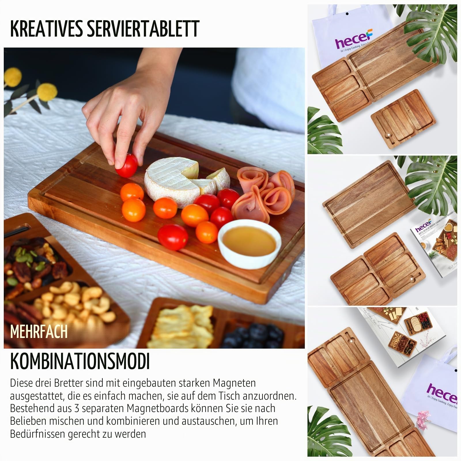 hecef 3-in-1 Käsebrett und Servierbretter Set mit Tragetasche, Akazienholz