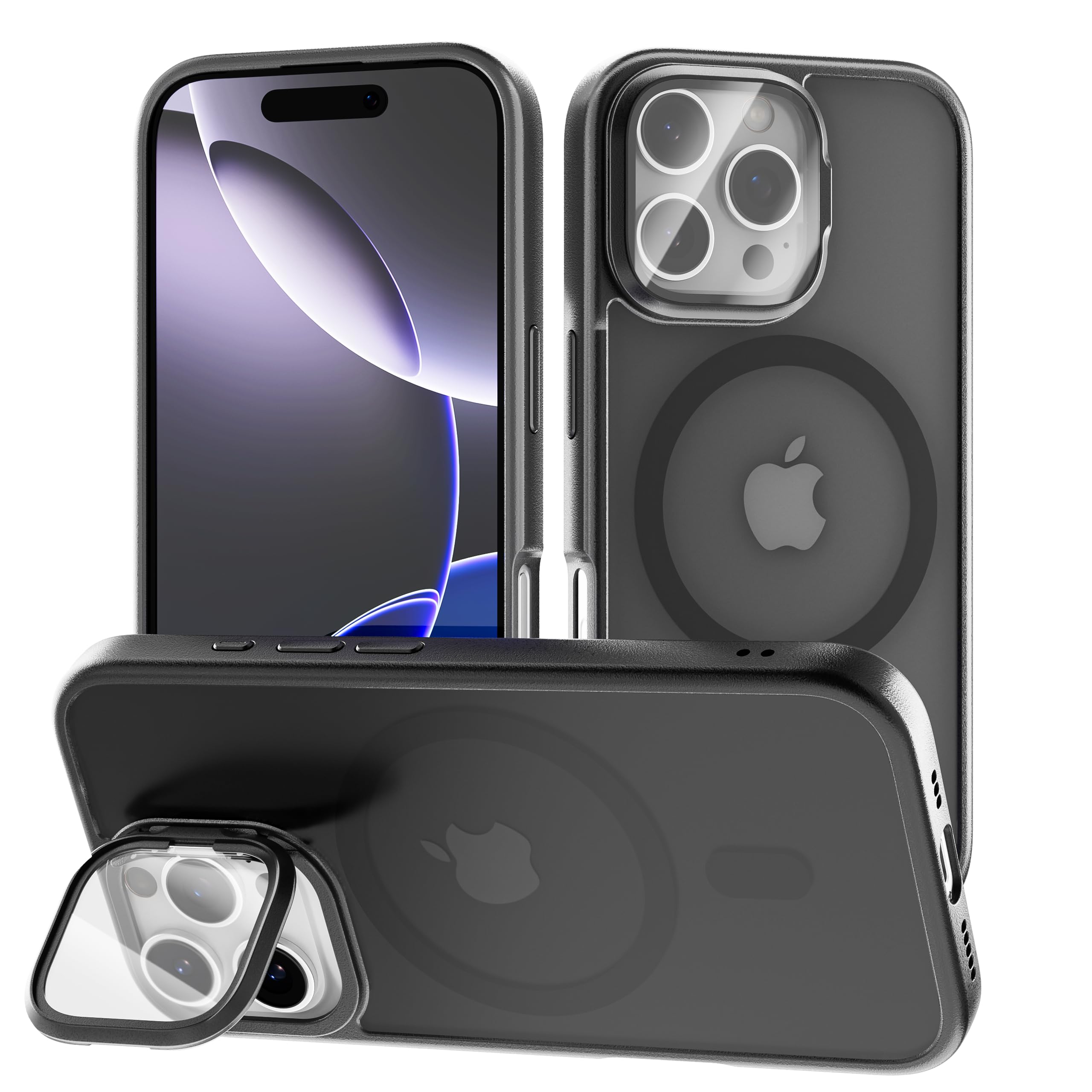 tigratigro Cover con Cavalletto,Compatibile con iPhone 16 Pro,Protezione Fotocamera H9 vetro temperato,Custodia Posteriore Glassata Traslucida, Anti-Impronte,Sensazione di Velluto (Grafite Nero)