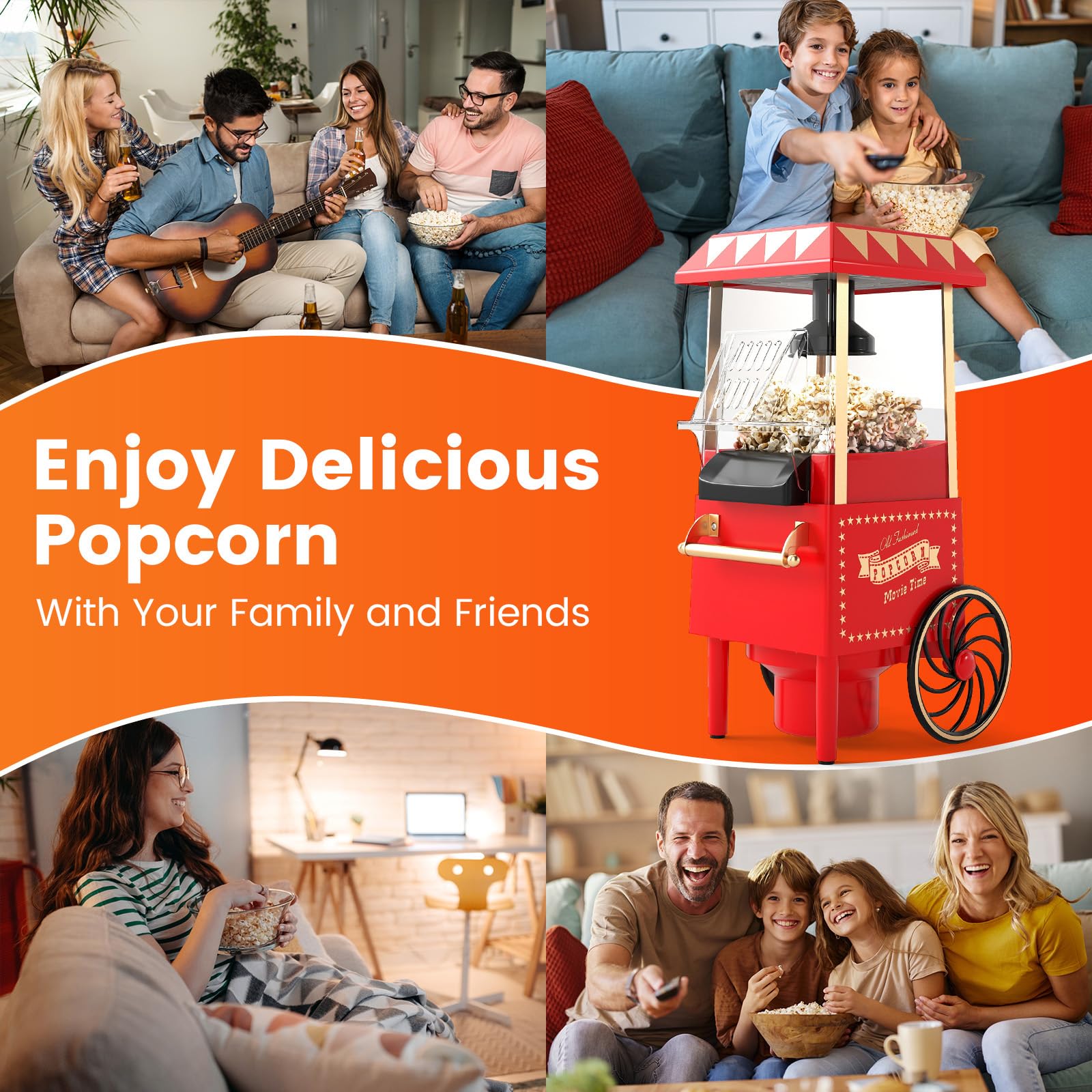 LIFEZEAL Macchina Popcorn con Carrello ad Aria Calda 1200W, Macchinetta Popcorn Elettrica con Misurino da 67 ml per Chicchi di Mais, Senza Olio, Pronta in 2 Minuti, per Case e Party (Stile Retrò)