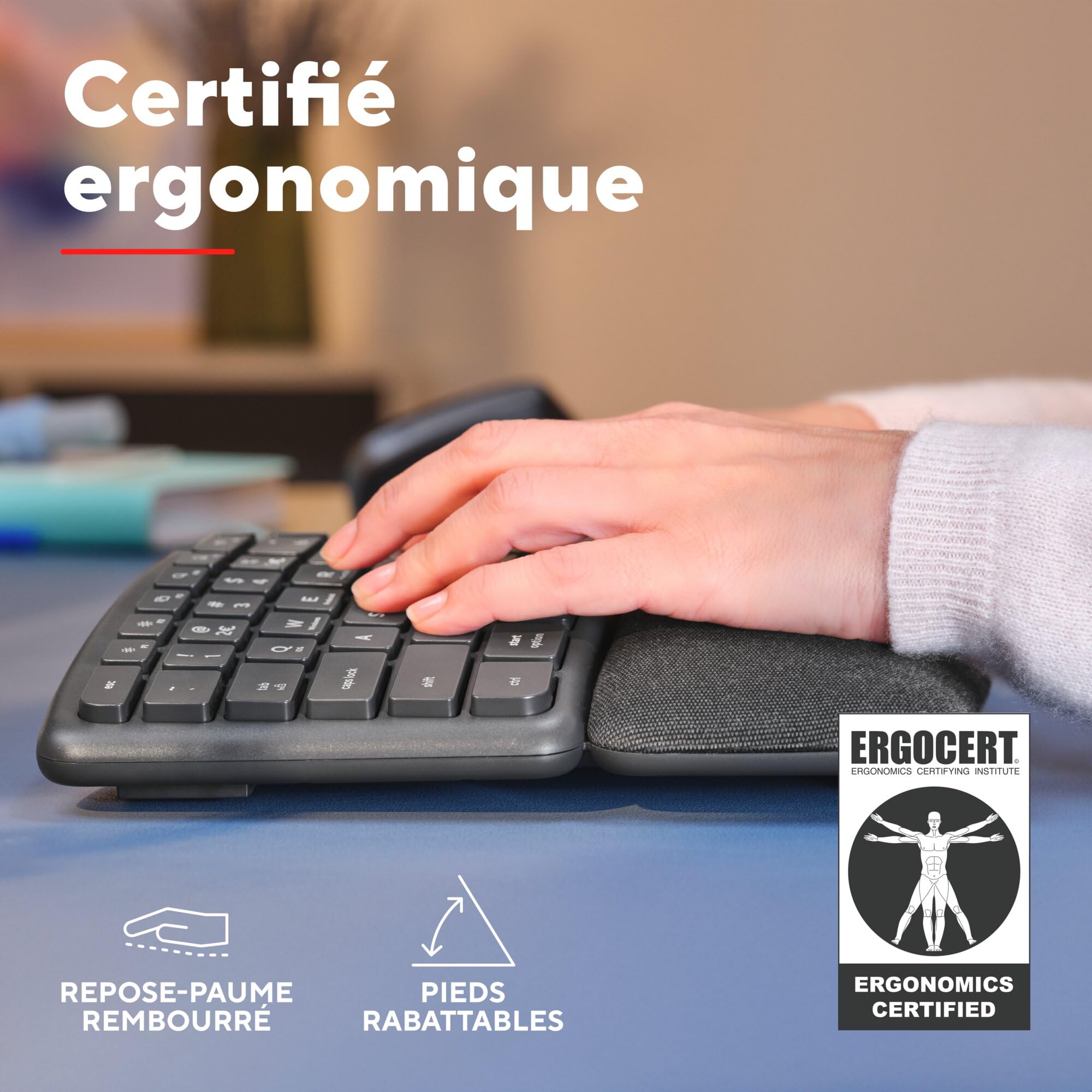 Trust Arvia Clavier Ergonomique sans Fil AZERTY Français Silencieux, Noir | Bluetooth + 2.4GHz, Clavier Bluetooth Multi-appareils Deux Parties avec Repose-Paume, PC Ordinateur Portable Mac