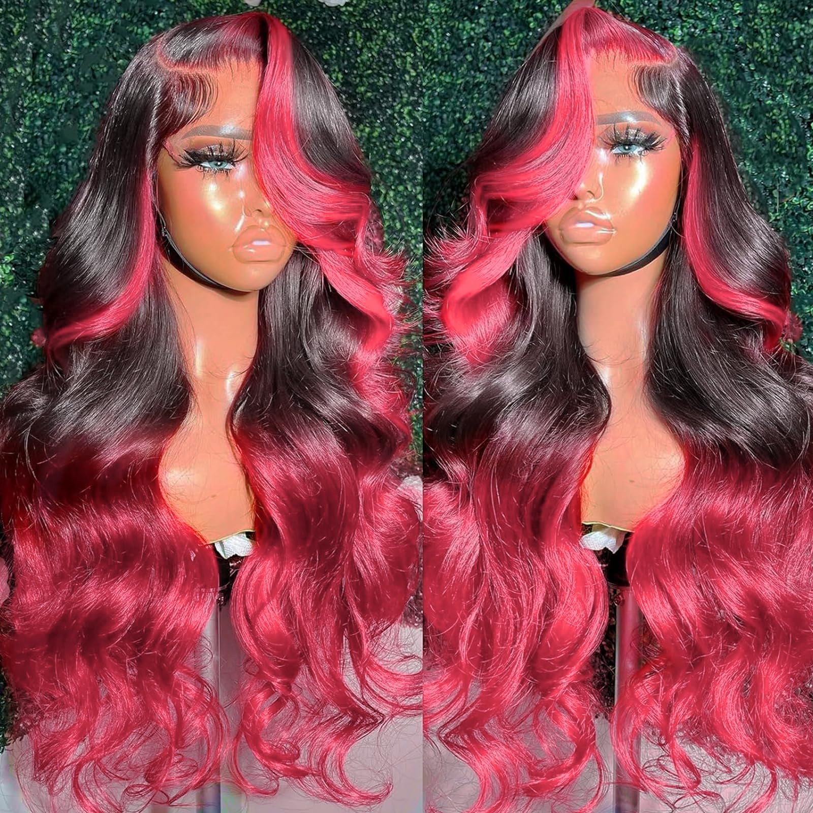 haha 13x6 Ombre Pink Lace Front Wig Human Hair Black and Hot Pink Highlight Wig Body Wave Hd Lace Frontal Wig Glueless Pre Plucked Bleached Knots Skunk Stripe 180% Density 20 Inch