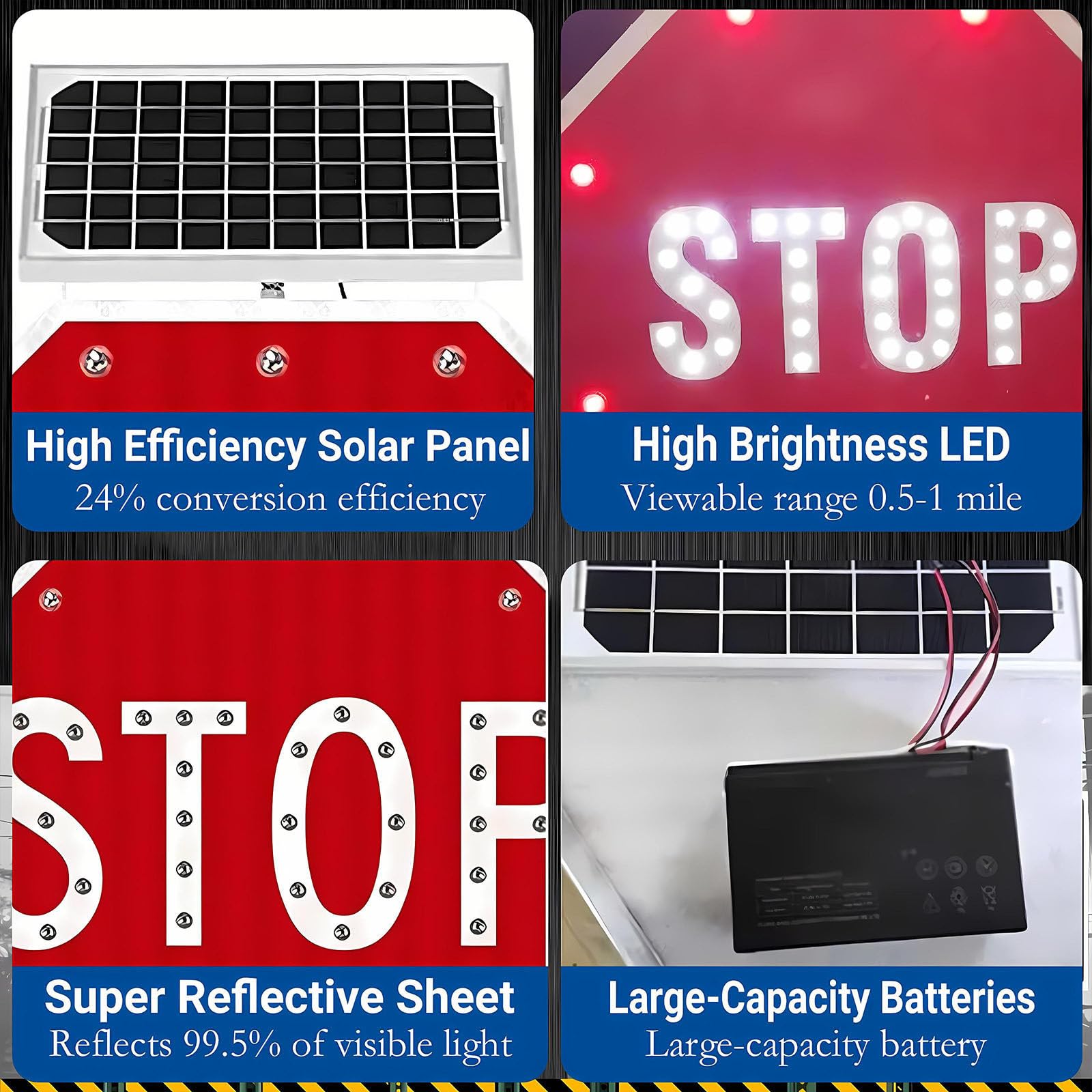 Señal De Stop Solar LED De 60 cm / 80 cm, Octagonal, Solar, con Iluminación LED De Prohibido Estacionar, con Película Reflectiva De Grado Industrial Y Marco Metálico Resistente 24in