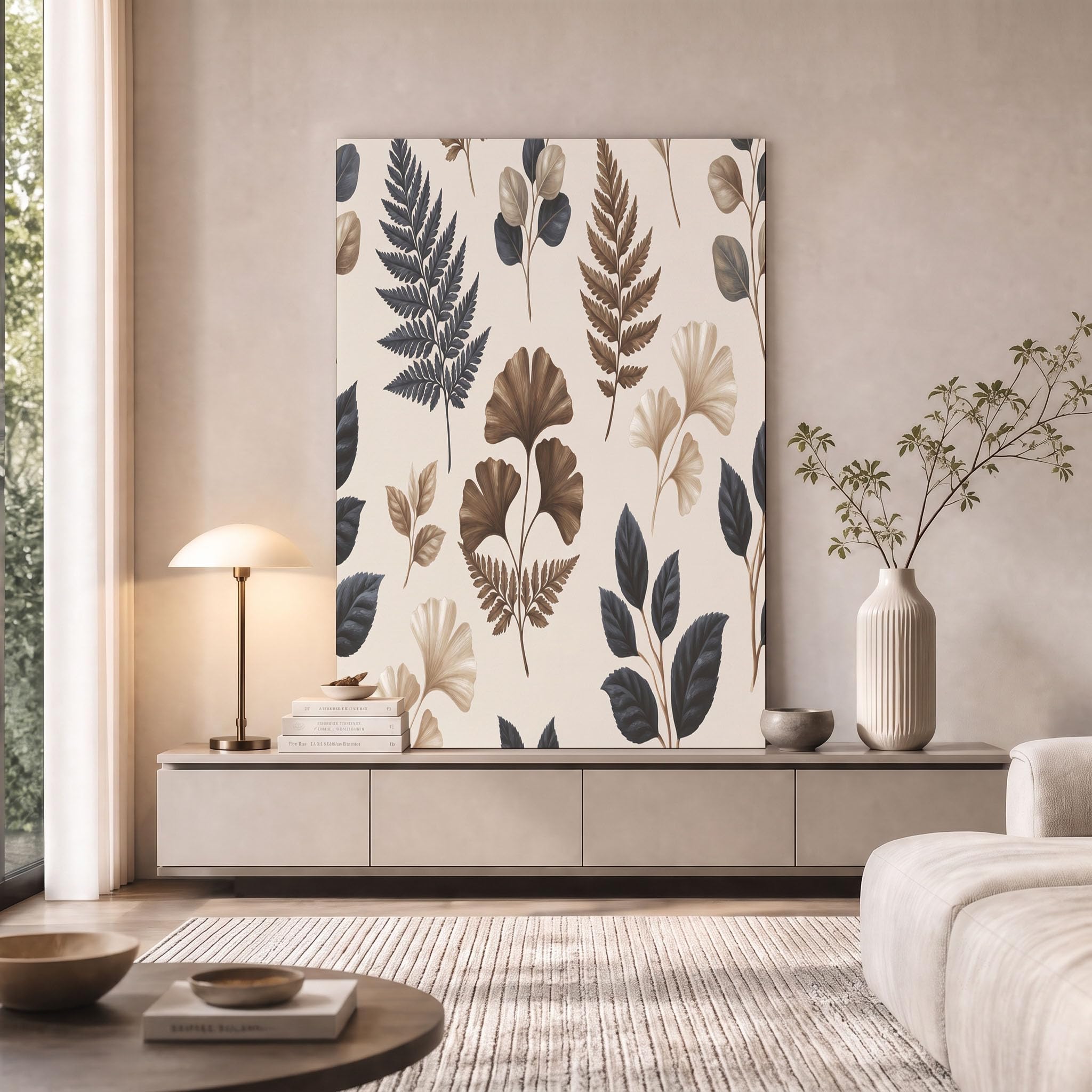 GDJSMIN Arte Murale Foglie Felci Di Ginkgo, Decorazione Da Parete Per Bagno Fiori Minimalisti, Arte Murale Crema Su Tela Per Camera Da Letto Bagno 70×100 Cm Senza Cornice
