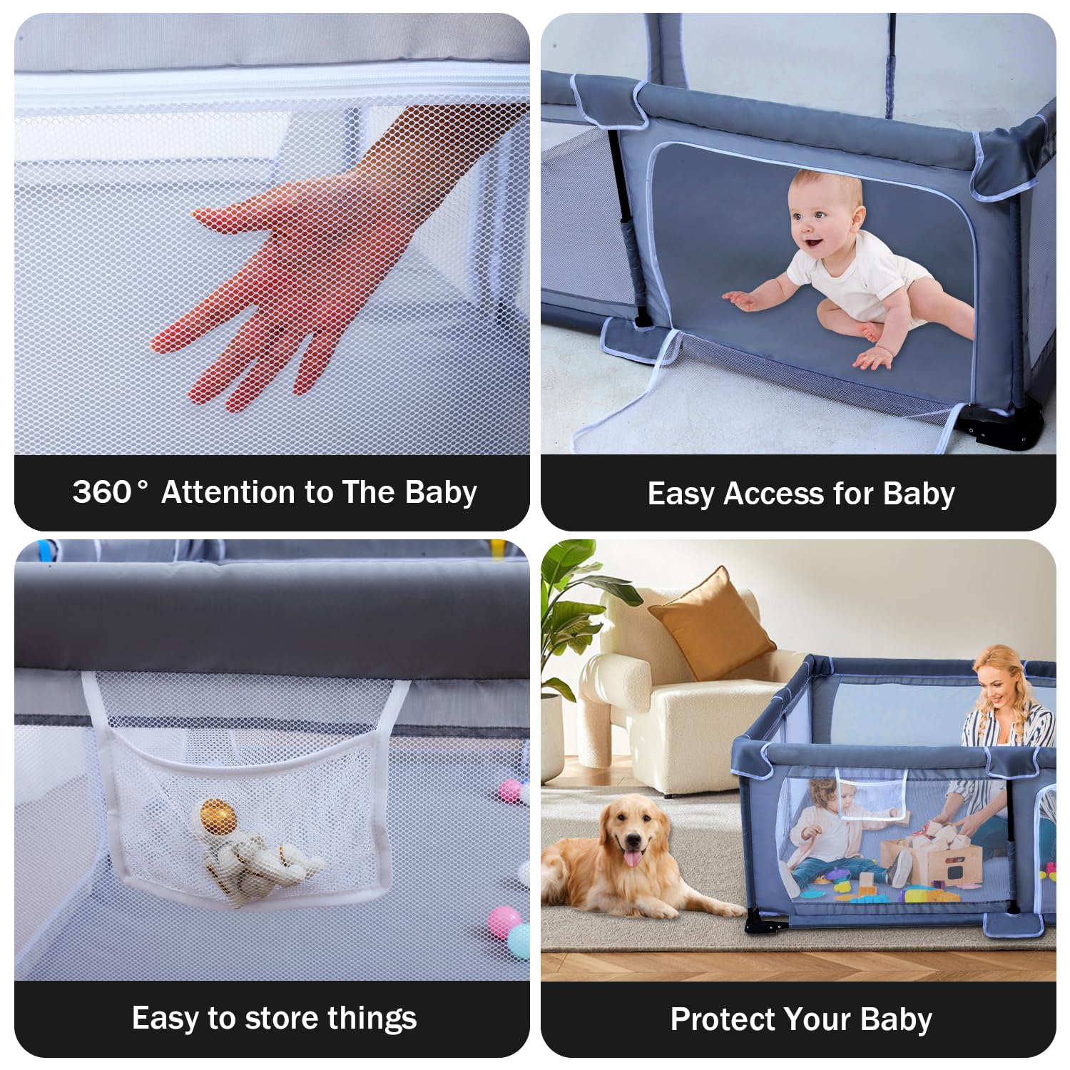 Foldable Baby Playpen 50X50,Play Pen for Babies and Toddlers, Portable Playpen, Kids Collapsible Play Pen, Indoor & Outdoor Baby Fence with Visible Mesh,Safety Area Travel Play Yard with mat (Grey)