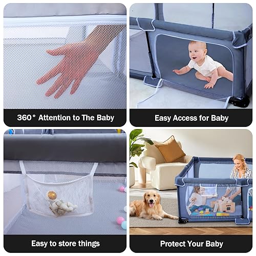 Miniatura 4 de Corralito plegable para bebés de 59 x 71 pulgadas, corralito para bebés y niños pequeños, corralito portátil para niños, corral de juegos plegable
