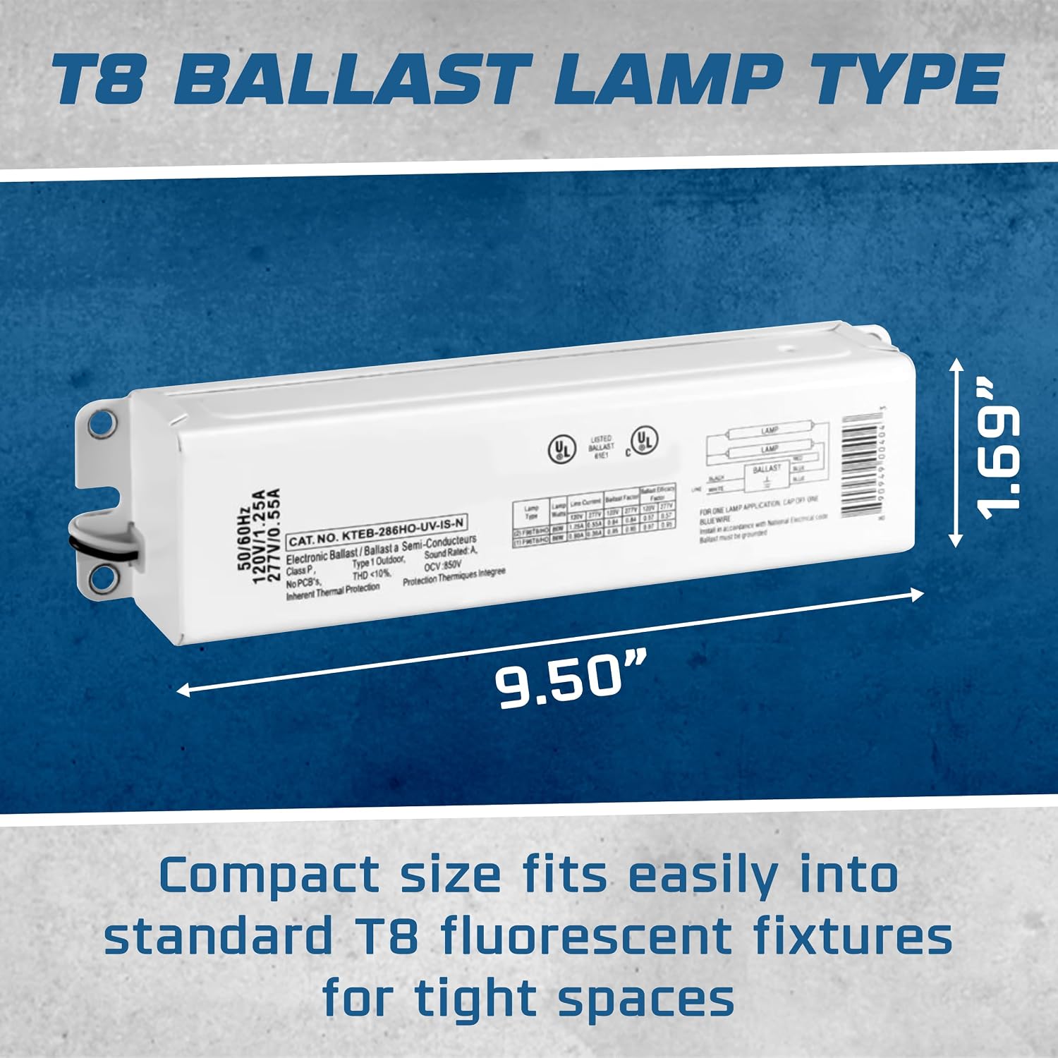 Replacement for Keystone KTEB-286HO-UV-IS-N 2 Lamp T8 Electronic Fluorescent Ballast with Normal Light Output | 120-277V Input with Instant Start Operation | 0.85 Ballast Factor, UL-Approved