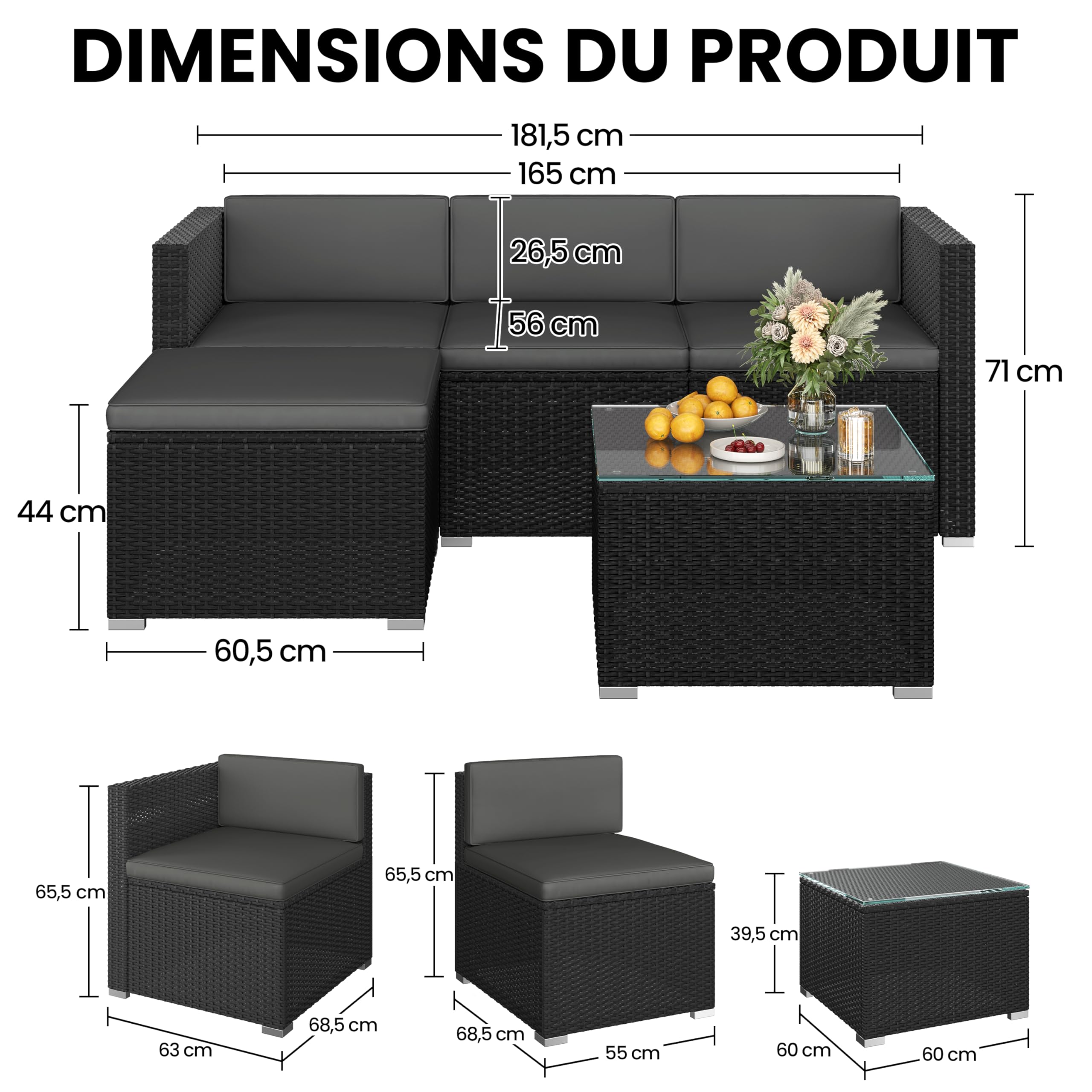 Abician 5 Pièces Salon de Jardin Exterieur en Polyrotin, 4 Personnes Ensemble Mobilier avec 3 Canapés Modulables, 1 Table Basse en Verre Trempé et 1 Ottomane pour Bistro Patio Terrasse Noir/Gris
