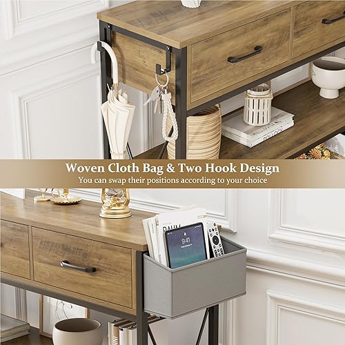 Miniatura 6 de HITHOS Mesa consola de 47.2 pulgadas con 3 cajones, mesa de entrada larga industrial con estantes de almacenamiento de 3 niveles, mesa de pasillo