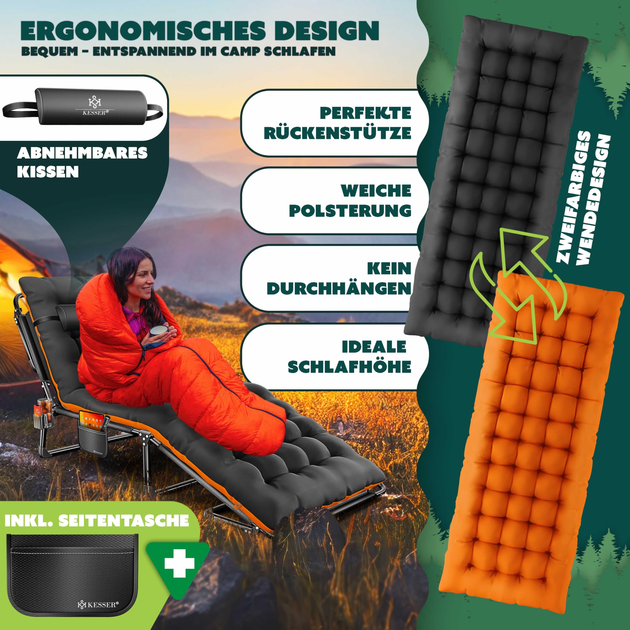 KESSER Lit de camping pliable, 190 x 68 x 30 cm, charge maximale jusqu'à 250 kg, en tissu Oxford et cadre en acier robuste + sac de transport, coussin cervical, poche latérale et porte-boisson