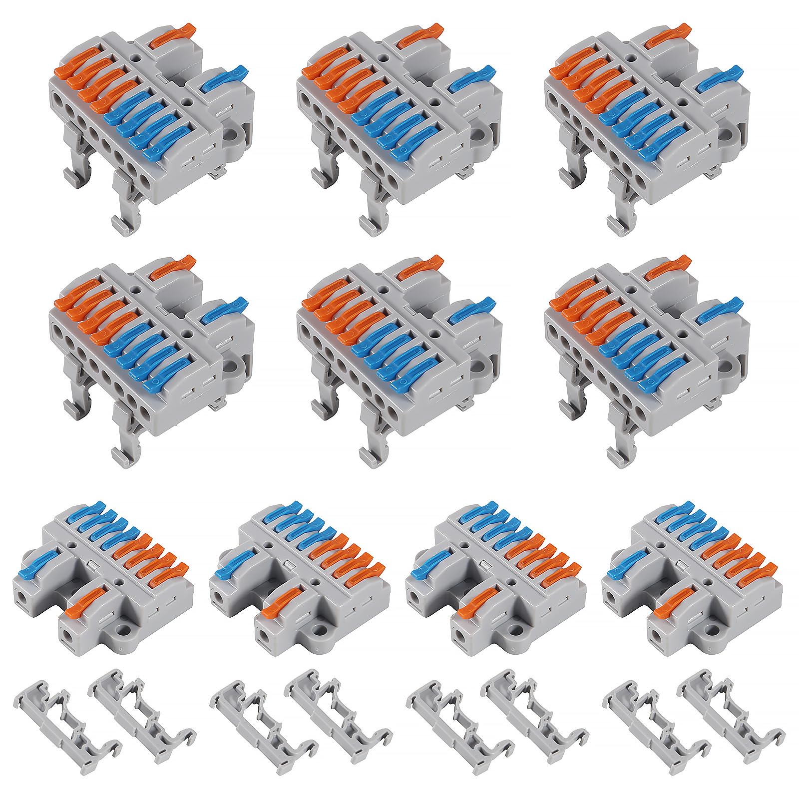 10PCS DIN Rail Terminal Blocks Kit, 2 in 8 Out Universal Compact Lever Wire Connector for Electrical Wires, Detachable Ground Circuit Terminal Blocks for Circuit Inline 28-12 AWG