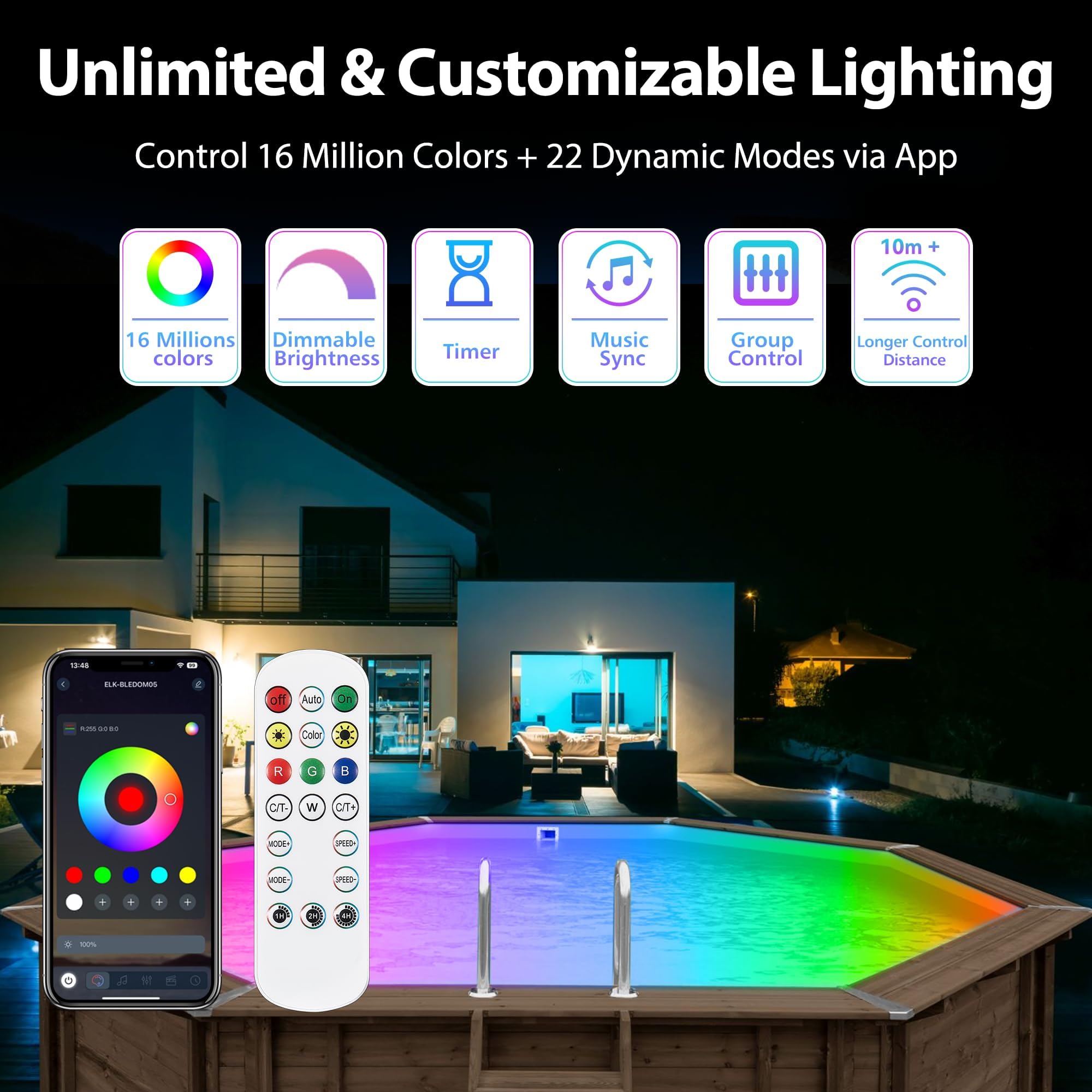LyLmLe 25W LED Poolbeleuchtung RGB - 12V Smart App Steuerung | IP68 Für Stahlwandpools Mit 9,5m Kabel