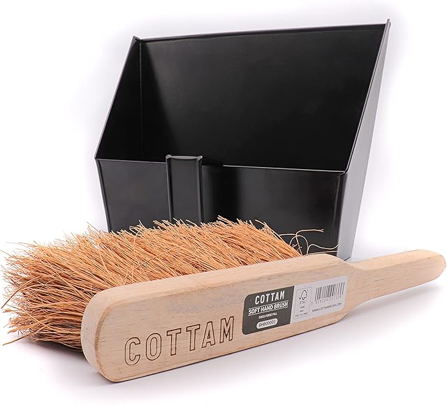 COTTAM Heavy Duty Metal Dustpan (Black) With Handle & Soft Hand Brush | Hooded Dust Pan / Dust Collector With Soft Hand Brush For Cleaning Home, Log Burner, Stove, Workshop & Garden