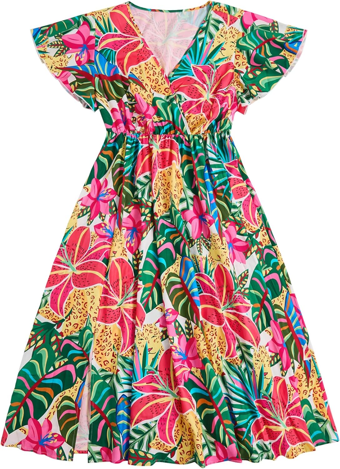 Floerns Women's Plus Size Boho Floral V Neck Short Sleeve A Line Long Dress