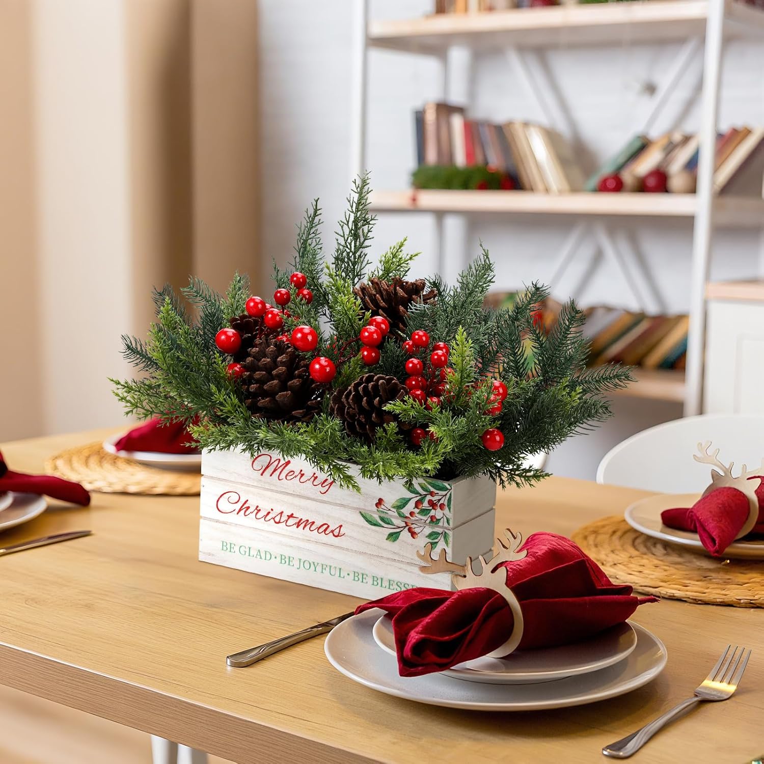 Chunful 12 Inch Christmas Table Centerpiece Artificial Cedar Pine in Wooden Pot Decorations Floral Arrangement with Pine Greenery Red Berries PineCones for Dining Table Holiday Party Mantel Xmas Decor