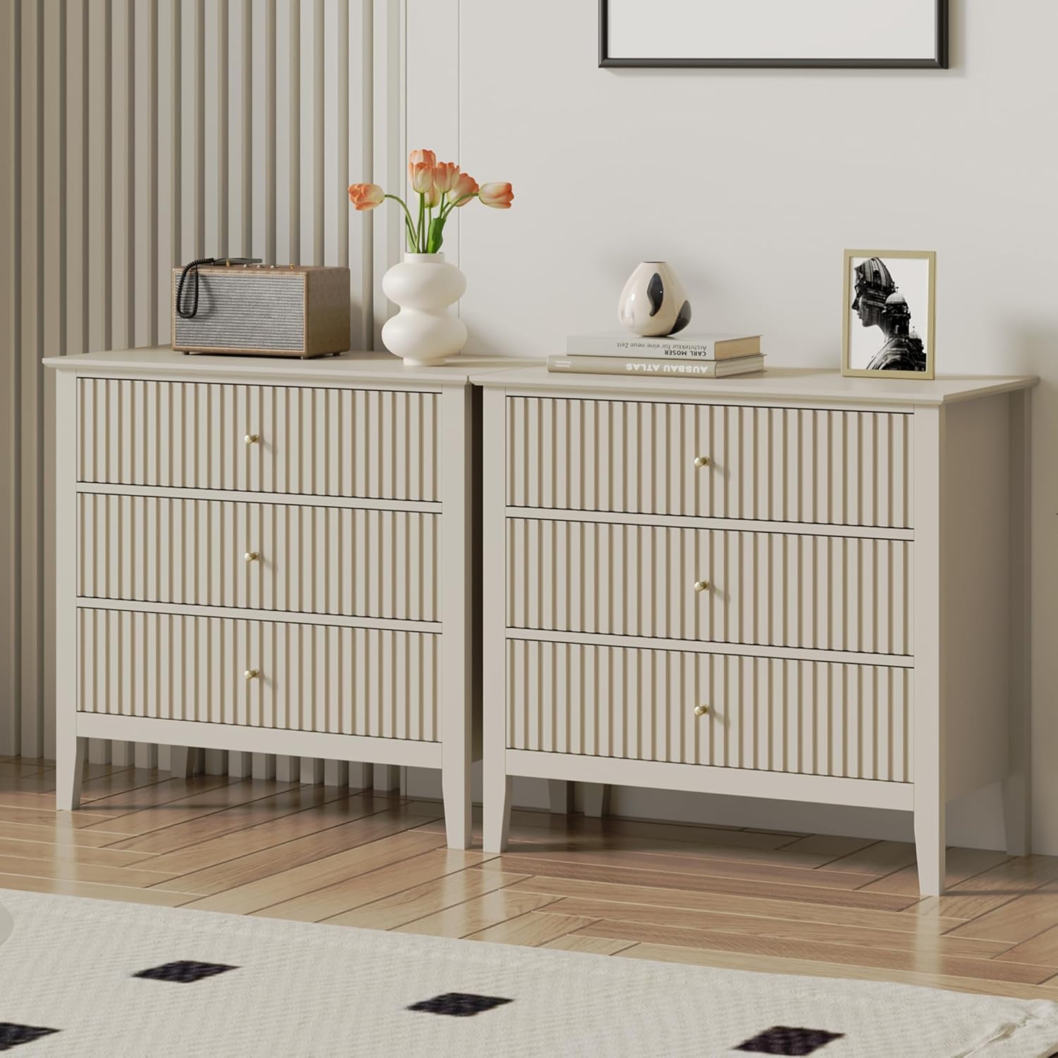 RoyalCraft 3 Drawer Dresser Set of 2, Fluted Chest of Drawers with Storage, Modern Painted 30 inch Tall Nightstand for Bedroom Living Room Entryway, Beige