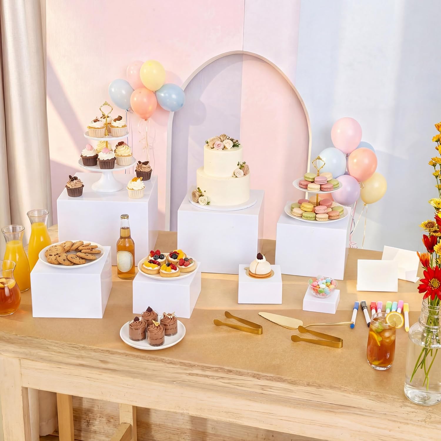10 Pcs Buffet Risers with Mini Sign and Maker Serving Tongs Cake Cutter, White Acrylic Food Display Stands for Buffet Table Party Catering Dessert Nesting Cube Boxes with Hollow Bottoms (10",9",8",7",6",5",5",4",4",3")